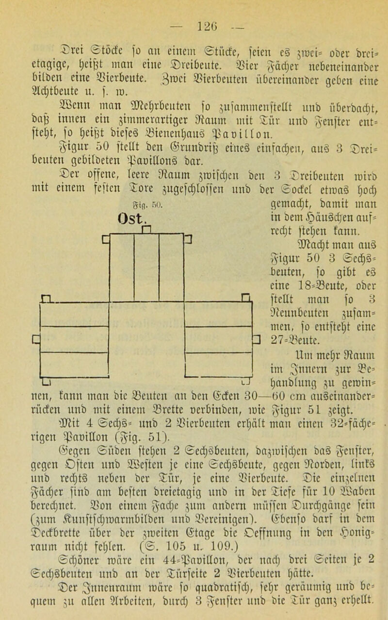 12G S'ifl- 50. Ost. n -vet ©töcfe jo au einem ©tücfe, feien c3 jwei- ober brci- ctagigc, man eine ©reibeute. hier fyädjer nebencinanber biiben eine SSierbeute. 3roci bierbeuten iibereinanber geben eine Sldjtbeute u. f. ro. Sßcnn man sJftcf)rbeuteu fo jufammenftefft unb iiberbadjt, bajs innen ein jhnmevartiger bäum mit ©ür unb fyenfter ent- ftcljt, fo fjeijjt bicfe3 bieuenfjaitd ^aoilton. g-igur 50 ftetft bcn ©runbrifj cined einfachen, au§ 3 ©rci- beuten gebifbeten s)>aDiUou§ bar. ©er offene, feere bäum snufdjcu ben 3 ©reibeutcn rairb mit einem feftcn ©ore 3itgefd;loffen unb ber ©od'el etma§ fjod) gcmadjt, bamit man in bem §äu§djen auf- redjt ftefjcn fann. bfadjt man au§ ftigur 50 3 ©er- beuten, fo gibt eS eine 18-bcute, ober ftellt man fo 3 beunbeuten jufam- men, fo entfielt eine 2 7-beute. Um mefjr bäum im jur be= tjanbfung 31t geroin- nen, fann man bie beuten an ben (Men 30—00 cm au3cinanbcr- ritefen unb mit einem brette oerbinben, wie fyigur 51 jeigt. bttt 4 ©ed)§- unb 2 bierbeuten erfjäft mau einen 32-fädje- rigen ©aoiffon (gig. 51). ©egen ©üben ftefjen 2 ©edjdbcuteu, bajmifdjcn ba3 fünfter, gegen Offen unb SBeften je eine ©edfgbentc, gegen borbett, fiufS unb red)t§ neben ber ©ür, je eine bierbeittc. ©ie einzelnen gädfer finb am beften breietagig unb in ber ©iefe für 10 üßaben bercdjnct. bon einem gadje jum anbern müffen ©urdjgäuge fein (pm .tunftfdjraarmbilbcn unb bereinigen), ©benfo barf in bem ©ccfbrctte über ber 3iucitcn ©tage bie ©effnung in bcn .jponig- raum nid)t fefjtcn. (©. 105 u.- 109.) ©djöner roiirc ein 44=^paüiIIon, ber nad) brei ©eiten je 2 ©cd)§beuten unb an ber ©ürfeite 2 bicrbcutcn f;iittc. ©er ^nnentaum märe fo quabratifd), fcfjr geräumig unb be- quem 311 affen Arbeiten, burd) 3 fyenftcr unb bie ©ür gan$ erf;ellt. c n 3 n ,