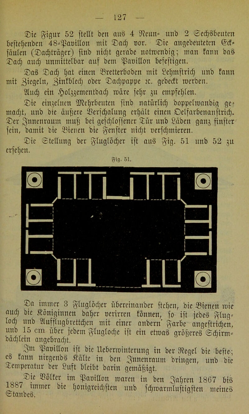 ©ie gigur 52 (teilt bcn rnt? 4 97eun= linb 2 ©erbeuten beftefjenben 48*ißaoillon mit ©act) ror. ©ic angebeuteten @cf* faulen (®ad)träger) (inb nirfjt gevabe notroenbig; man tarnt ba? ©ad) audj unmittelbar au( bem ißaoillon befeftigen. ©a§ ©ad) Ijat einen 23retterbobcn mit ©e^mftricl; unb lanu mit Riegeln, gintbledj °^er ©«djpappe ic. gcbccft raerben. Sind) ein öpoljjementbad) märe feljr ju empfehlen. ©ic einzelnen üftcljrbeuten finb natürlich boppciraanbig gc = madjt, unb bie äußere $Ber(d)alung erhält einen ©el(arbenanftrid). ©er 3>incnraum mufj bei gc(d)tof(cncr ©ür unb £äben ganj finfter (ein, bamit bie ©ieuen bie §en(ter nidjt oerfdjmieren. ©ie ©tettung ber gluglöcfjer i(t and §ig. 51 unb 52 ju erfetjen. Sifl. 51. ©a immer 3 gluglödjer übereinanber fteben, bie Sicnen raie aud) bie Königinnen baljer oerirren tonnen, (o i(t jebeä fttug= iod) unb 3ln((tngbrettd)en mit einer anbern $arbe ange(trid)en, unb 15 cm über (ebem ftluglodje i(t ein etroa? größere? ©ebirm* badjletn angebradjt. 3>m ^SctnilTon ift bie Uebenointerung in ber iliegel bie befte; e§ tann nirgettb? Kälte in ben 3mtcnraum bringen, unb bie Temperatur ber Suft bleibt barin gemäßigt. ®(e ®ölfcr_ im qSaoiUou roarcu in ben 3al;rcn 1867 bi? 1887 tmmer bie tjonigrcid)(ten unb (d)roarmlu(tig(ten meinet ©taube?.