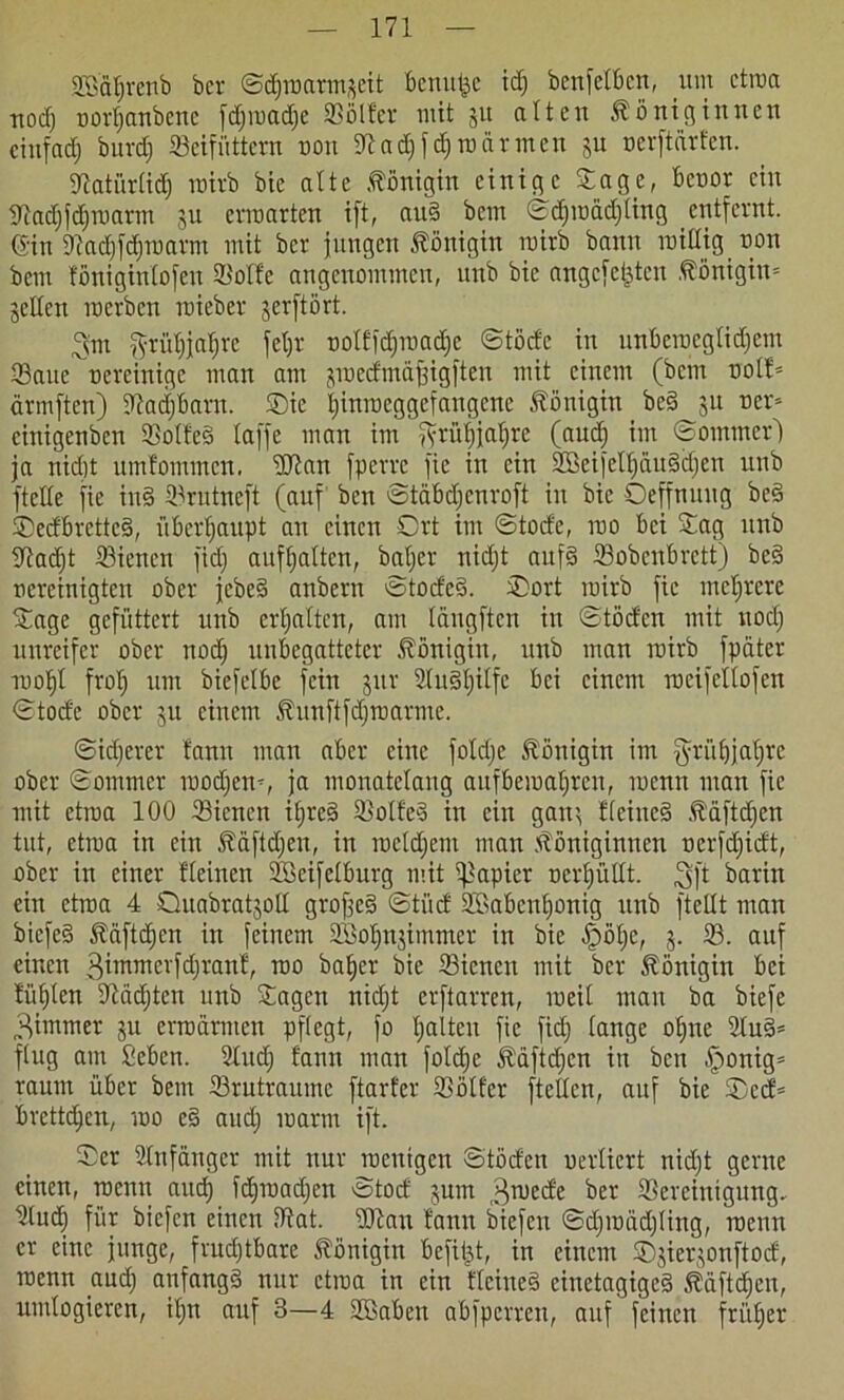 Sffiäfjrenb bcr ©djroarmjcit Benutze idj benfeXben, um ctroa uod) norfanbene fdjroadjc Sölfer mit ju alten Königinnen einfach burj S3eifüttern non Sftadjfdj tu armen ju nerftärfen. Satürlidj roirb bic alte Königin einige Sage, benor ein Sfotiffdjroarm ju ermatten ift, aifd bem ©djroädjling entfernt. 6'in 9?adjfcf)roarm mit bcr jungen Königin roirb bann roiHig non bem föniginlofen Solle angenommen, unb bic angelegten Königin* jeden roerben raieber jerftört. ftrüffaljre feljr nolffdjroadje ©töde in unberoeglidjem Saue Bereinige man am jroecfmäfjigften mit einem (bem not!* ärmften) dtadjbarn. ©ic Ijinrocggcfangcnc Königin bed jn ner* citiigenben Solfed laffe man im fyrüfjjaljrc (audj im ©ommer) ja nicht umfommen. DJtan fperrc fie in ein Skifelljäudäjen unb ftelle fie iud Srutncft (auf ben ©täbdjenroft in bic Oeffnuug bed ©edbretted, überhaupt an einen Ort im ©tod'e, rao bei Sag unb S^adjt Sienen fidj aufhatten, baljer nidjt auf§ Sobenbrett) bed Bereinigten ober jebed anbern ©toded. ©ort roirb fie mehrere Sage gefüttert unb erhalten, am längften in ©töden mit uod) unreifer ober uod) unbegatteter Königin, unb man roirb fpciter rooljl frol) um biefelbc fein jur Sudljilfc bei einem rocifellofen ©tode ober ju einem Kunftfdjroarme. ©idjerer fann man aber eine foldje Königin im fyrüfjjafire ober ©ommer inod)en*, ja monatelang aufberoaljren, roenn man fie mit ctroa 100 Sienen iljrcd Solfed in ein ganj flcined Käftd)cn tut, etroa in ein Käftdjen, in roeldjem man Königinnen uerfdjidt, ober in einer fleinen SBcifclburg mit Rapier ncrljüllt. (5ft barin ein etroa 4 ©uabratjoll grofjed ©tüd Söabcnljonig unb ftellt man biefed Käftdjen in feinem S3oljnjimmer in bic |)ölje, 5. S. auf einen 3imntevfd;rant, roo baljer bie Sienen mit ber Königin bei fielen Sädjtcn unb Sagen nidjt erftarren, roeil man ba biefe 3immer ju crroärmeu pflegt, fo Ijaltcu fie fidj lange oljne Sind* fing am geben. Sludj fann man foldje Käftdjen in ben fponig* raum über bem Srutraume ftarfer Sölfer ftcllcn, auf bie ©cd* brettdjen, roo ed audj roarm ift. ©er Anfänger mit nur roentgen ©töden uerlicrt nidjt gerne einen, roenn audj fdpnadjen ©tod jum ^roede ber Sereinigung. Sud) für biefen einen Sat. Stau fann biefeu ©djroädjling, roenn er eine junge, frudjtbare Königin befit^t, in einem ©jierjonftod, roenn aud) aufangd nur ctroa in ein flciued cinetagiged Käftdjen, umlogieren, iljn auf 3—4 Sßaben abfperren, auf feinen früher