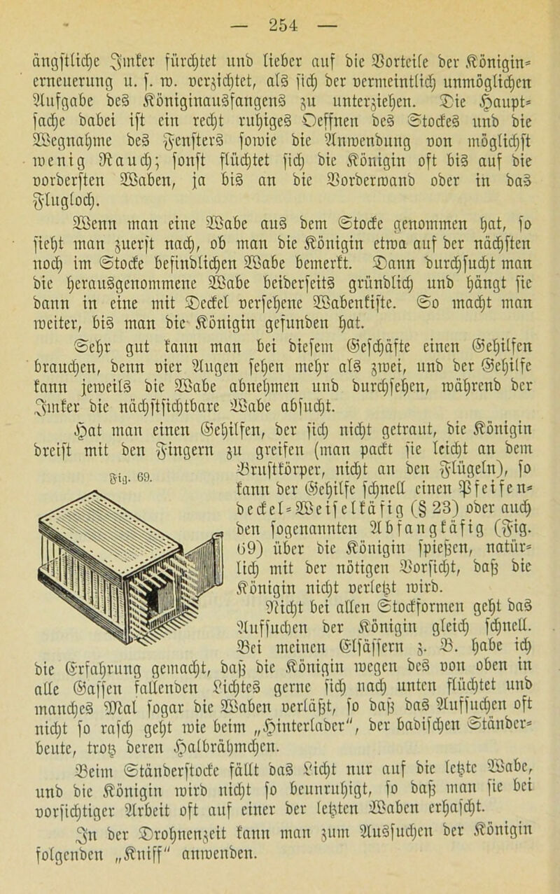 ängftlidje ^mler fürdjtct unb lieber auf bie SSortcife bev Königin* erneuerung u. f. rn. nerjidjtct, als fid) ber nermeintlicf) unmöglichen Aufgabe beS fööniginauSfangenS ju unterbieten. Sie öpaupt* fad>e babei ifi ein red;t ruf)igeS Oeffnen beS ©todeS nnb bie SBegnafjme beS genfterS foinie bie 2lnrnenbung non möglidjft menig dfaud); fonft flüchtet fid) bie Königin oft bis auf bie norberften 2ßaben, ja bis an bie Sorberrnanb ober in baS glugtod). SBcnn man eine 2Babe auS bem ©tode genommen t)at, fo fiet)t man guerft nad), ob man bie Königin etwa auf ber nädjftcn uod) im ©tode befindlichen 2©abe bemerft. Sann burd)fud)t man bie IjerauSgenommene SBabe beiberfeitS griinblid) unb hängt fie bann in eine mit Sedel nerfefiene Söabenfiftc. ©o madjt man ineiter, bis man bie Königin gefunben t)at. ©ef>r gut faun man bei biefem ©efdjäfte einen ®ef)itfcn brauchen, beim nier Gingen fetjen mel)r als jioei, unb ber ®el)tlfe fann jemeitS bie 2Babe abnehmen unb burdjfetjen, tnä^renb ber 3mfer bie näd)ftfid)tbarc iöabe abfud)t. öpat man einen ©eljilfen, ber fid) nicht getraut, bie Königin breift mit ben Ringern ju greifen (man padt fie leidjt an bem 69 Sruffförper, nicEjt an ben klügeln), fo fann ber ©etjilfe fdjnell einen pfeifen* bedel*2£eifclfäfig (§ 23) ober auch ben fogenannten SIbfangfäfig ($ig. (39) über bie Königin fpicjfcn, natiir* tid) mit ber nötigen Sorfidjt, baff bie Königin nid)t nettest rnirb. 9?id;t bei allen ©todformen gcf)t baS üluffueben ber Königin gleidj fd)nell. Sei meinen ©Ifäffern j. 33. l)abe id) bie ©rfafjrung gemacht, baff bie Königin megen bc§ non oben in alle ®a|fen fallenben Siebtes gerne fid) nad) unten fliid)tct unb manches ÜJial fogar bie SEBabcn oerläjjt, fo baff baS 2luffud)en oft nid)t fo rafd) gef)t mie beim „£interlaber, ber babifd)en ©tauber* beute, trots bereu öpafbrät)md;cn. Seim ©tänberftode fällt baS £id)t nur auf bie letzte 2Babe, unb bie Königin inirb nid)t fo beunruhigt, fo baff man fie bei norfidjtiger Hrbeit oft auf einer ber letzten ffiaben erljafdjt. 3|n ber Srol)ncnjeit fann man $um 2luSfud)en ber Königin folgcnben „^uiff anrnenben.