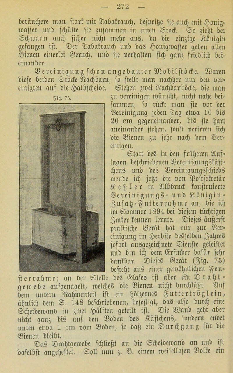 beräudjere man ftart mit ©abatraud), bcfpi'it^e fie ancE) mit fjonig» roaffer unb fcf)ütte fie sufammcn in einen ©tod. ©o jiel)t ber ©djraarm and) fidjer nid)t mcfjr aud, ba bie einzige Königin gefangen ift. ©er ©abatraud) unb bad fponigroaffer geben allen Blicncn einerlei ©erud), unb fie Debatten fid) ganj frieblid) bei» cinanber. Bereinigung fd)on angebauter B7obilftöde. SBaren bicfc bciben ©töde Badjbarn, fo fteüt man nadjljer nur bcn oer» ©teljen jmei Badjbarftöde, bie man *u nercinigen raünjdjt, nid)t ual)e bei» fammen, fo rüdt man fie nor ber Bereinigung febett Bag etroa 10 bid 20 cm gegeneinanbcr, bid fie Ijart anciuanber fielen, fonft ncrirren fid) bie Bienen ;$u fein uad) bem Ber» einigen. ©tatt bed in beit früheren Stuf» lagen bcfdjricbeneu Bereinigungdläft» d)cnd unb bed Bereinigungdfdjiebd roettbe id) jetjt bie non ipoftfetretiir c J) l c r in Blbbrud fonftruierte Bereinigungd* unb Königin» 3ufa^»^utterral)me au, bie id) im ©otnrner 1894 bei biefem tüdjtigcn hinter fennen lernte. ©iefed aufferft praltifdje ©erat l)at mir jur Ber» cinigung im ©erbfte bedfelben ^a^red fofort audgejeid)ucte ©ienfte geleiftet unb bin id) bem ©rfinber bafitr fel)r banfbar. ©iefed ©erät (f$ig. 75) befielt aud einer geroö()nlid)cn gen» ft erfahrne; au ber ©teile bed ©lafed ift aber ein © r al) t = geroebe aufgenagelt, mcld)ed bie Bienen uid)t burd)läf)t. Stuf bem untern Baljmenteil ift ein liöljerucd guttcr trog lein, äijutid) bem ©. 148 befd)ricbeucn, befeftigt, bad alfo burd) eine ©d)eiberoanb in groei Hälften geteilt ift. ©ie 2£anb gel)t aber uid)t ganj bid auf bcn Bobcn bed täftdjend, foubern enbet unten etroa 1 cm oom Bobett, fo baf) ein ©urd)gang für bie Bienen bleibt. ©ad ©ral)tgerocbc fcfjlicfjt an bie ©d)cibcroanb an unb ift bafclbft anget)eftct. ©oll nun j. B. einem roeifellofcn Bolle ein einigten auf bie fpalbfdjeibc. Stg. 75.