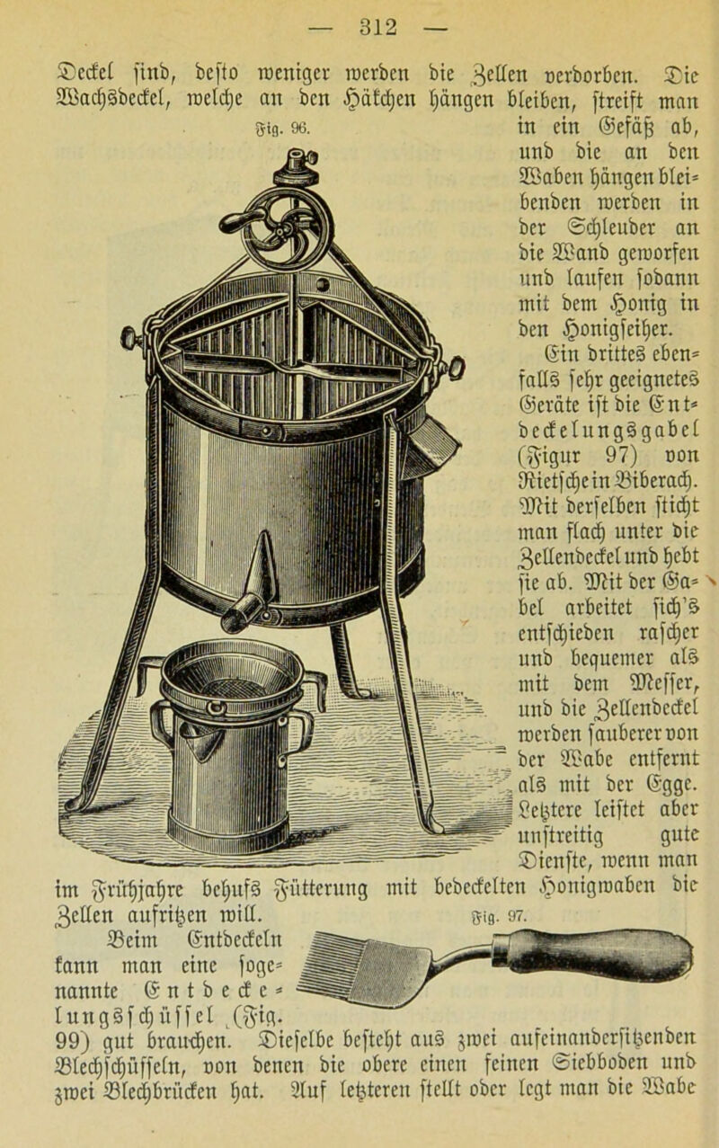 Sed'el finb, befto weniger werben bie gellen ncrborbcn. Sic SßadjSbedel, wetdje an bcn JpäJdjen Rängen bleiben, ftreift man gig. 96. in ein ©efäff ab, unb bie an bcn 2Sabcn fjängen blei= benben werben in ber ©djteuber an bie 29anb geworfen unb laufen fobann mit bem §onig in ben Honigfeilier. ©in britteS eben* falld fcfjr geeignetes ©cväte iftbie ©nt* bccf elungSgabel (gigur 97) oon 9tietfd)ein33iberad). ‘-Mt berfelbcn ftidjt man flad) unter bie 3edenbccfelunb ^ebt fic ab. Mt ber ®a* bei arbeitet fid)’S cntfdjiebcn rafdjer unb beguemer als mit bem Mffcr, unb bie ,3ellenbcd'el werben faubcrcruou ber ®abc entfernt als mit ber ©ggc. Seljtcrc leiftet aber unftreitig gute Sicnfte, wenn man im ^ri'tfija^re bcljufS Fütterung mit bebcd'elten Honigwaben bie gellen aufrii^en will. 23eim ©ntbccfctn fann man eine fogc* nannte © n t b e d c * lungSfdfüffel HSm . .. . rj, 99) gut braunen. Siefclbc bcfteljt aitS jwet aufetnanberftfcenben S3led)fd)üffeln, oon benen bie obere einen feinen ©iebboben unb jwei 23led)britcfcn fjat. 2luf letzteren [teilt ober legt man bie 2Babe \