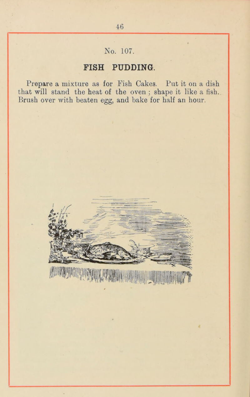 No. 107. FISH PUDDING. Prepare a mixture as for Fish Cakes. Put it on a dish that will stand the heat of the oven ; shape it like a fish. Brush over with beaten egg, and bake for half an hour.