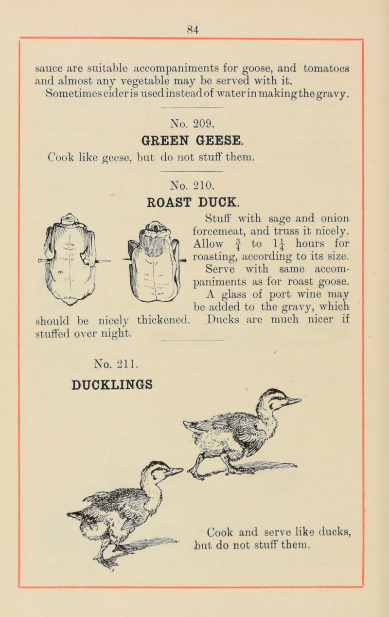 cilice are suitable accompaniments for goose, and tomatoes and almost any vegetable may be served with it. Sometimes cider is used instead of water in making thegravy. No. 209. GREEN GEESE. Cook like geese, but do not stuff them. No. 210. ROAST DUCK. Stuff' with sage and onion forcemeat, and truss it nicely. Allow f to 1^ hours for roasting, according to its size. Serve with same accom- paniments as for roast goose. ^ JJ A glass of port wine may be added to the gravy, which should be nicely thickened. Ducks are much nicer if stuffed over night. __ 4 No. 211.