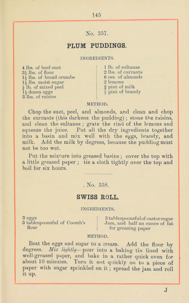 No. 357. PLUM PUDDINGS. INGREDIENTS. | 1 lb. of sultanas 2 lbs. of currants 6 ozs. of almonds 2 lemons | pint of milk i pint of brandy I METHOD. Chop the suet, peel, and almonds, and clean and chop the currants (this darkens the pudding); stone the raisins, and clean the sultanas ; grate the rind of the lemons and squeeze the juice. Put all the dry ingredients together into a basin and mix well with the eggs, brandy, and milk. Add the milk by degrees, because the pudding must not be too wet. Put the mixture into greased basins; cover the top with a little greased paper ; tie a cloth tightly over the top and boil for six hours. No. 358. SWISS ROLL. INGREDIENTS. 3 eggs | 3 tablespoonsful of castor sugar 3 tablespoonsful of Coomb’s j Jam, and half an ounce of fat flour | for greasing paper METHOD. Beat the eggs and sugar to a cream. Add the flour by degrees. Mix lightly— pour into a baking tin lined with well-greased paper, and bake in a rather quick oven for about 10 minutes. Turn it out quickly on to a piece of paper with sugar spiinkled on it; spread the jam and roll it up. 4 lbs. of beef suet 3^ lbs. of flour 1^ lbs. of bread crumbs l| lbs. moist sugar J lb. of mixed peel 1^ dozen eggs 3 lbs. of raisins J