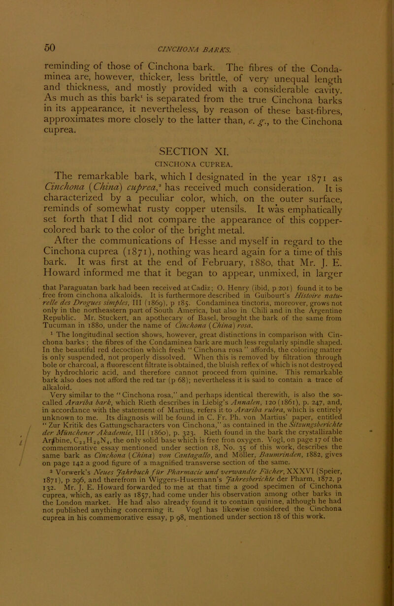 reminding of those of Cinchona bark. The fibres of the Conda- minea are, however, thicker, less brittle, of very unequal length and thickness, and mostly provided with a considerable cavity. As much as this bark1 is separated from the true Cinchona barks in its appearance, it nevertheless, by reason of these bast-fibres, approximates more closely to the latter than, e. g.f to the Cinchona cuprea. SECTION XI. CINCHONA CUPREA. The remarkable bark, which I designated in the year 1871 as Cinchona {China) cuprea,2 has received much consicleration. It is characterized by a peculiar color, which, on the outer surface, reminds of somewhat rusty copper Utensils. It was emphatically set forth that I did not compare the appearance of this copper- colored bark to the color of the bright metal. After the Communications of Hesse and myself in regard to the Cinchona cuprea (1871), nothing was heard again for a time of this bark. It was first at the end of February, 1880, that Mr. J. E. Howard informed me that it began to appear, unmixed, in larger that Paraguatan bark had been received at Cadiz; O. Henry (ibid, p 201) found it to be free from cinchona alkaloids. It is furthermore described in Guibourt’s Histoire natu- relle des Drogues simples, III (1869), p 185. Condaminea tinctoria, moreover, grovvs not only in the northeastern part of South America, but also in Chili and in the Argentine Republic. Mr. Stuckert, an apothecary of Basel, brought the bark of the same from Tucuman in 1880, under the name of Cinchona (China) rosa. 1 The longitudinal section shows, however, great distinctions in comparison with Cin- chona barks ; the fibres of the Condaminea bark are much less regularly spindle shaped. In the beautiful red decoction which fresh “ Cinchona rosa ” affords, the coloring matter is only suspended, not properly dissolved. When this is removed by filtration through bole or charcoal, a fluorescent filtrate isobtained, the bluish reflex of which is not destroyed by hydrochloric acid, and therefore cannot proceed from quinine. This remarkable bark also does not afford the red tar (p 68); nevertheless it is said to contain a trace of alkaloid. Very similar to the “ Cinchona rosa,” and perhaps identical therewith, is also the so- called Arariba bark, which Rieth describes in Liebig’s Annalen, 120(1861), p. 247, and, in accordance with the Statement of Martius, refers it to Arariba rubra, which is entirely unknown to me. Its diagnosis will be found in C. Fr. Ph. von Martins’ paper, entitled “ Zur Kritik des Gattungscharacters von Cinchona,” as contained in the Sitzungsberichte der Münchener Akademie, III (1860), p. 323. Rieth found in the bark the crystallizable Ar^bine, C23H20N4, the only solid base which is free fron oxygen. Vogl, on page 17 of the commemorative essay mentioned under section 18, No. 35 of this work, describes the same bark as Cinchona (China) von Cantagallo, and Möller, Baumrinden, 1882, gives on page 142 a good figure of a magnified transverse section of the same. 2 Vorwerk’s Neues Jahrbuch für Pharmacie und verwandte Fächer, XXXVI (Speier, 1871), p 296, and therefrom in Wiggers-Husemann's Jahresberichte der Pharm, 1872, p 132. Mr. J. E. Howard forwarded to me at that time a good specimen of Cinchona cuprea, which, as early as 1857, had come under his observation among other barks in the London market. He had also already found it to contain quinine, although he had not published anything concerning it. Vogl has likewise considered the Cinchona cuprea in his commemorative essay, p 98, mentioned under section 18 of this work.