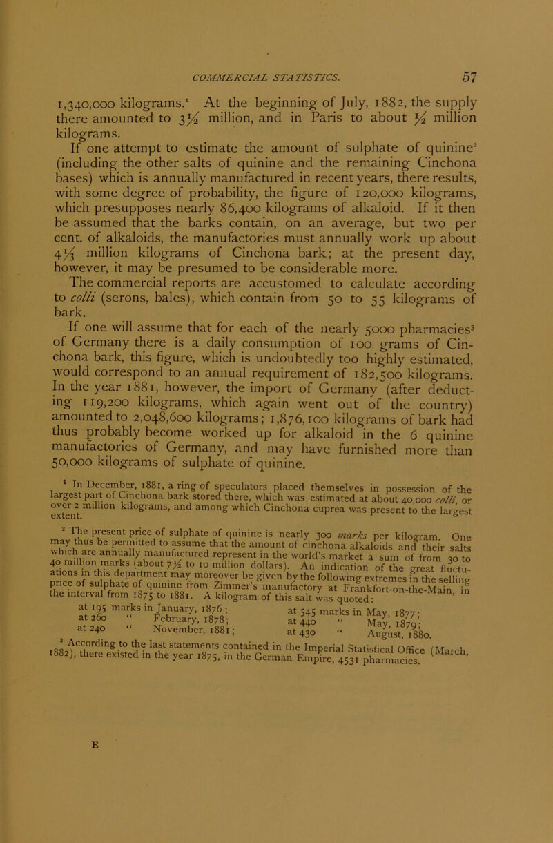 1,340,000 kilograms.1 At the beginning of July, 1882, the supply there amounted to 3^ million, and in Paris to about ]/2 million kilograms. If one attempt to estimate the amount of sulphate of quinine2 (including the other salts of quinine and the remaining Cinchona bases) which is annually manufactured in recentyears, there results, with some degree of probability, the figure of 120,000 kilograms, which presupposes nearly 86,400 kilograms of alkaloid. If it then be assumed that the barks contain, on an average, but two per cent. of alkaloids, the manufactories must annually work up about 4million kilograms of Cinchona bark; at the present day, however, it may be presumed to be considerable more. The commercial reports are accustomed to calculate according to colli (serons, bales), which contain from 50 to 55 kilograms of bark. If one will assume that for each of the nearly 5000 pharmacies3 of Germany there is a daily consumption of 100 grams of Cin- chona bark, this figure, which is undoubtedly too highly estimated, would correspond to an annual requirement of 182,500 kilograms. In the year 1881, however, the import of Germany (after deduct- mg 119,200 kilograms, which again went out of the country) amounted to 2,048,600 kilograms; 1,876,100 kilograms of bark had thus probably become worked up for alkaloid in the 6 quinine manufactories of Germany, and may have furnished more than 50,000 kilograms of sulphate of quinine. In December, 1881, a ring of speculators placed themselves in possession of the largest part of Cinchona bark stored there, which was estimated at about 40,000 colli or over 2 million kilograms, and among which Cinchona cuprea was present to the largest The present price of sulphate of quinine is nearly 300 marks per kilogram One may thus be permitted to assume that the amount of cinchona alkaloids and their salts wInch are annually manufactured represent in the world’s market a sum of from 20 to 40 milhon marks (about 7^ to 10 million dollars). An indication of the great fluctu- at'.ons in this department may moreover be given by the following extremes in the selling price of sulphate of quinine from Zimmer’s manufactory at Frankfort-on-the-Main in the mterval from 1875 to 1881. A kilogram of this salt was quoted: at makS mJTUary’ l8o76o: at 545 marks in May, 1877; at2Öo February, 1878; at 440 “ May 1870’ at 24° November, 1881; at 430 “ August, 1880. 3 According to the last Statements contained in the Imoerial Statktinai /»T u .88,). there existed in the year .875, in ,h= German Emp?re, 453.‘pSades E