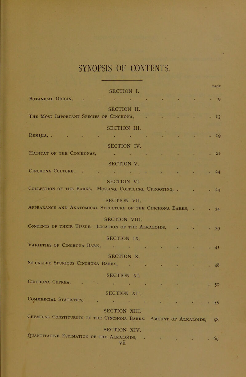 SYNOPSIS OF CONTENTS. SECTION I. Botanical Origin, SECTION II. The Most Important Species of Cinchona, Remijia, Habitat of the Cinchonas, Cinchona Culture, SECTION III. SECTION IV. SECTION V. SECTION VI. Collection of the Barks. Mossing, Coppicing, Uprooting, . SECTION VII. Appearance and Anatomical Structure of the Cinchona Barks, SECTION VIII. Contents of their Tissue. Location of the Alkaloids, SECTION IX. Varieties of Cinchona Bark, SECTION X. SO-CALLED SPURIOUS ClNCHONA BARKS, Cinchona Cuprea, CoMMERCIAL STATISTICS, SECTION XI. SECTION XII. SECTION XIII. Chemical Constituents of the Cinchona Barks. Amount of Alkaloids, SECTION XIV. Quantitative Estimation of the Alkaloids VII 15 l9 21- 24 29 34 39 4i 48 5° 55 53 69