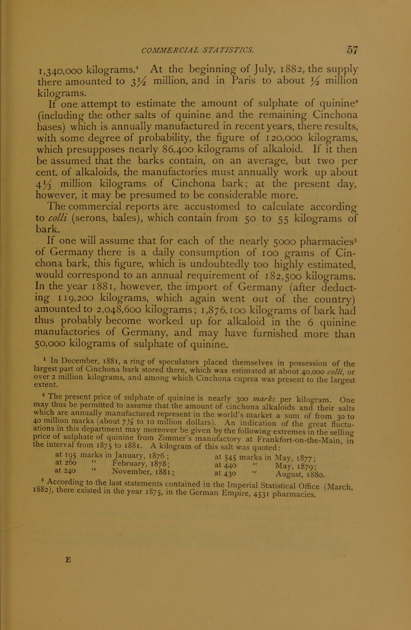 1,340,000 kilograms.1 At the beginning of July, 1882, the supply there amounted to 3% million, and in Paris to about y2 million kilograms. If one attempt to estimate the amount of sulphate of quinine2 (including the other salts of quinine and the remaining Cinchona bases) which is annually manufactured in recentyears, there results, with some degree of probability, the figure of 120,000 kilograms, which presupposes nearly 86,400 kilograms of alkaloid. If it then be assumed that the barks contain, on an average, but two per cent. of alkaloids, the manufactories must annually work up about 41^ million kilograms of Cinchona bark; at the present day, however, it may be presumed to be considerable more. The commercial reports are accustomed to calculate according to colli (serons, bales), which contain from 50 to 55 kilograms of bark. If one will assume that for each of the nearly 5000 pharmacies3 of Germany there is a daily consumption of 100 grams of Cin- chona bark, this figure, which is undoubtedly too highly estimated, would correspond to an annual requirement of 182,500 kilograms. In the year 1881, however, the import of Germany (after deduct- ing 119,200 kilograms, which again went out of the country) amounted to 2,048,600 kilograms; 1,876,100 kilograms of bark had thus probably become worked up for alkaloid in the 6 quinine manufactories of Germany, and may have furnished more than 50,000 kilograms of sulphate of quinine. 1 In December, 1881, a ring of speculators placed themselves in possession of the largest part of Cinchona bark stored there, which was estimated at about 40,000 colli, or over 2 million kilograms, and among which Cinchona cuprea was present to the largest cxtcnt. 2 The present price of sulphate of quinine is nearly 300 marks per kilogram. One may thus be permitted to assume that the amount of cinchona alkaloids and their salts which are annually manufactured represent in the world's market a sum of from 20 to 40 million marks (about 7J4 to 10 million dollars). An indication of the great fluctu- ations in this department may moreover be given by the following extremes in the selling- price of sulphate of quinine from Zimmers manufactory at Frankfort-on-the-Main in the mterval from 1875 to 1881. A kilogram of this salt was quoted: at 195 marks in January, 1876 ; at 545 marks in May, 1877 • at 26° “ February, 1878; at 440 “ May, 1879’ at 24° ‘ November, 1881; at 430 “ August, ?i 880. staterae0nts 90nta'ned in the Imperial Statistical Office (March 1882), there existed in the year 1875, in the German Empire, 4531 pharmacies. E