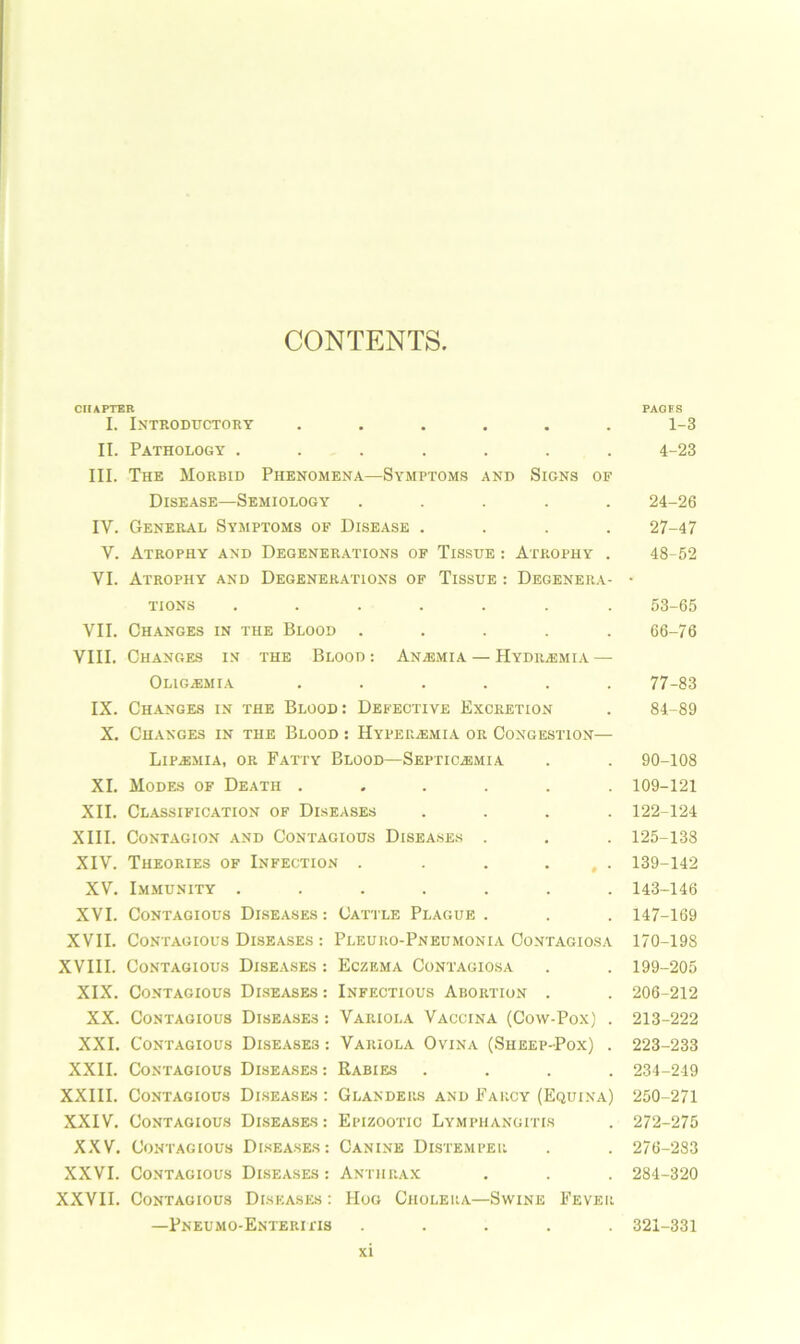 CONTENTS CHAPTER PACKS I. Introductory ...... 1-3 II. Pathology ....... 4-23 III. The Morbid Phenomena—Symptoms and Signs of Disease—Semiology ..... 24-26 IV. General Symptoms of Disease .... 27-47 V. Atrophy and Degenerations of Tissue : Atrophy . 48-52 VI. Atrophy and Degenerations of Tissue : Degenera- • TIONS ....... 53-65 VII. Changes in the Blood ..... 66-76 VIII. Changes in the Blood: Anemia — Hydrajmia — Oligemia ...... 77-83 IX. Changes in the Blood: Defective Excretion . 84-89 X. Changes in the Blood : Hyperumia or Congestion— Lipasmia, or Fatty Blood—Septicaemia . . 90-108 XI. Modes of Death ...... 109-121 XII. Classification of Diseases .... 122-124 XIII. Contagion and Contagious Diseases . . . 125-138 XIV. Theories of Infection . . . ... 139-142 XV. Immunity ....... 143-146 XVI. Contagious Diseases : Cattle Plague . . . 147-169 XVII. Contagious Diseases : Pleuro-Pneumonia Contagiosa 170-198 XVIII. Contagious Diseases : Eczema Contagiosa . . 199-205 XIX. Contagious Diseases : Infectious Abortion . . 206-212 XX. Contagious Diseases : Variola Vaccina (Cow-Pox) . 213-222 XXI. Contagious Diseases : Variola Ovina (Sheep-Pox) . 223-233 XXII. Contagious Diseases: Rabies .... 234-219 XXIII. Contagious Diseases : Glanders and Farcy (Equina) 250-271 XXIV. Contagious Diseases: Epizootic Lymphangitis . 272-275 XXV. Contagious Diseases: Canine Distemper . . 276-283 XXVI. Contagious Diseases : Anthrax . . . 284-320 XXVII. Contagious Diseases : Hog Cholera—Swine Fever —Pneumo-Enteritis ..... 321-331