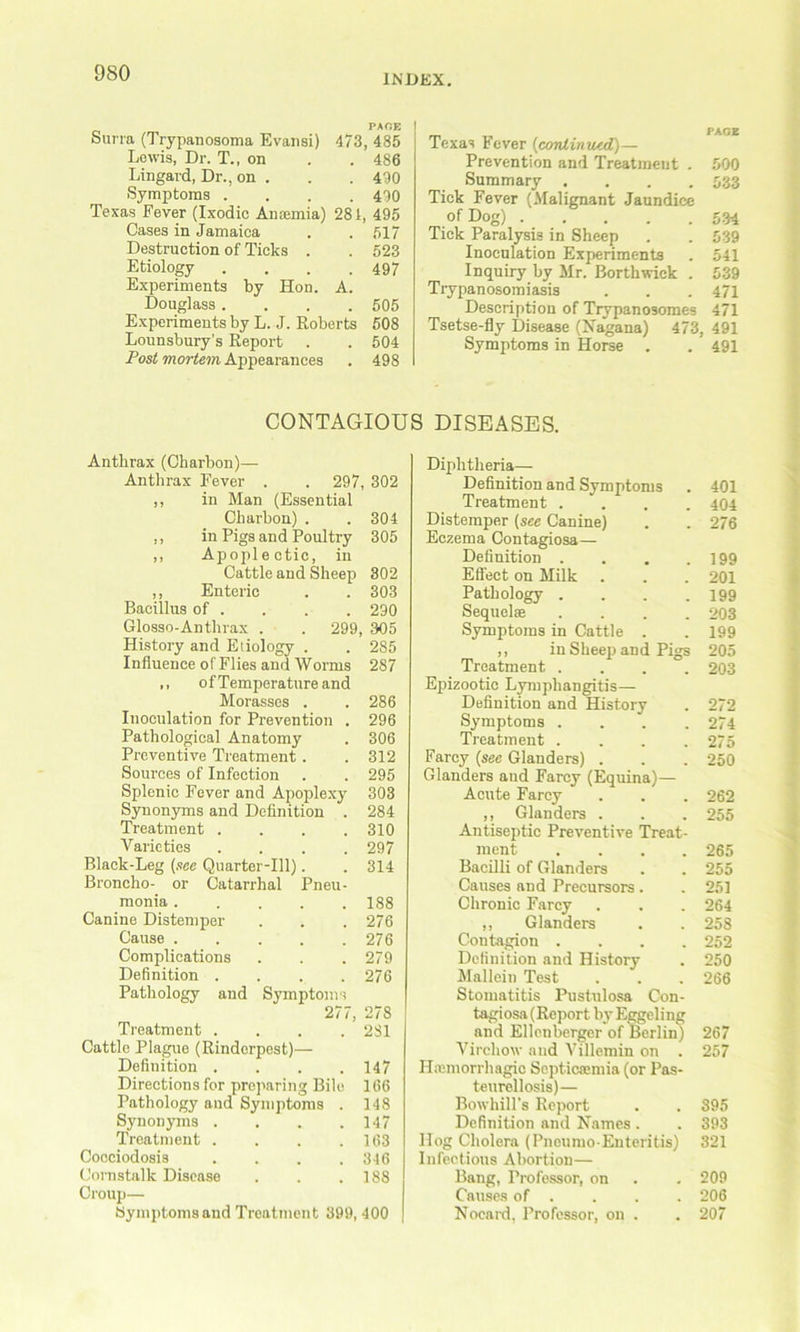 INDEX. PAGE Surra (Trypanosoma Evansi) 473, 485 Lewis, Dr. T., on . . 486 Lingard, Dr., on . . . 490 Symptoms .... 490 Texas Fever (Ixodic Anaemia) 281, 495 Cases in Jamaica . . 517 Destruction of Ticks . . 523 Etiology . . . .497 Experiments by Hon. A. Douglass.... 505 Experiments by L. J. Roberts 508 Lounsbury's Report . . 504 Post mortem Appearances . 498 PAGE Texas Fever {continued)— Prevention and Treatment . 500 Summary . . . .533 Tick Fever (Malignant Jaundice of Dog) 554 Tick Paralysis in Sheep . . 539 Inoculation Experiments . 541 Inquiry by Mr. Borthwick . 539 Trypanosomiasis . . . 471 Description of Trypanosomes 471 Tsetse-fly Disease (Nagana) 473, 491 Symptoms in Horse . . 491 CONTAGIOUS DISEASES. Anthrax (Charbon)— Anthrax Fever . . 297, 302 ,, in Man (Essential Charbon) . . 304 ,, in Pigs and Poultry 305 ,, Apoplectic, in Cattle and Sheep 302 ,, Enteric . . 303 Bacillus of . . . . 290 Glosso-Anthrax . . 299, 305 History and Etiology . . 285 Influence of Flies and Worms 287 ,, of Temperature and Morasses . . 286 Inoculation for Prevention . 296 Pathological Anatomy . 306 Preventive Treatment . . 312 Sources of Infection . . 295 Splenic Fever and Apoplexy 303 Synonyms and Definition . 284 Treatment . . . .310 Varieties .... 297 Black-Leg (see Quarter-Ill). . 314 Broncho- or Catarrhal Pneu- monia .... . 188 Canine Distemper . 276 Cause .... . 276 Complications . 279 Definition . . 276 Pathology and Symptoms 277, 278 Treatment . . . .281 Cattle Plague (Rinderpest)— Definition .... 147 Directions for preparing Bile 166 Pathology and Symptoms . 148 Synonyms . . . .147 Treatment .... 163 Cocciodosis .... 346 Cornstalk Disease . . .188 Croup— Symptoms and Treatment 399, 400 Diphtheria— Definition and Symptoms Treatment . . Distemper (see Canine) Eczema Contagiosa— Definition . Effect on Milk Pathology . Sequelae . Symptoms in Cattle . ,, in S heep an d Pigs Treatment . Epizootic Lymphangitis— Definition and History Symptoms . . . . Treatment . Farcy (see Glanders) . Glanders and Farcy (Equina)— Acute Farcy ,, Glanders . Antiseptic Preventive Treat- ment .... Bacilli of Glanders Causes and Precursors. Chronic Farcy ,, Glanders Contagion .... Definition and History Mallcin Test Stomatitis Pustulosa Con- tagiosa (Report by Eggel i ng and Ellcnberger of Berlin) Virchow and Villemin on . Haemorrhagic Septicaemia (or Pas- teurcllosis)— Bowliill's Report Definition and Names. Hog Cholera (Pneumo-Enteritis) Infectious Abortion— 401 404 276 199 201 199 203 199 205 203 272 274 275 250 262 255 265 255 251 264 258 252 250 266 267 257 895 393 321 Bang, Professor, on . . 209 Causes of . . . . 206 Noeard, Professor, on . .207