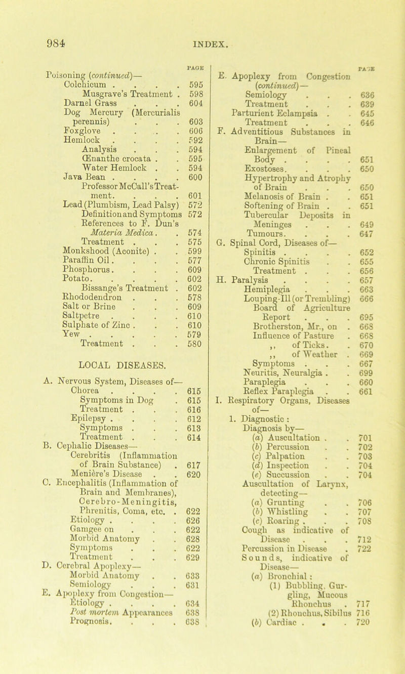 Poisoning (continued)— PAGE E. Apoplexy from Congestion pa ;E Oolchicum .... 595 (continued)— Musgrave’s Treatment . 598 Semiology 636 Darnel Grass 604 Treatment 639 Dog Mercury (Mercurialis Parturient Eclampsia . 645 perennis) 603 Treatment 646 Foxglove .... 006 F. Adventitious Substances in Hemlock .... 592 Brain— Analysis 594 Enlargement of Pineal (Enanthe crocata . 595 Body .... 651 Water Hemlock . 594 Exostoses. 650 Java Bean .... 600 Hypertrophy and Atrophy Professor McCall’sTreat- of Brain 650 ment. 601 Melanosis of Brain . 651 Lead (Plumbism, Lead Palsy) 572 Softening of Brain . 651 Definition and Symptoms 572 Tubercular Deposits in References to F. Dun's Meninges 649 Materia Medica. 574 Tumours. 647 Treatment . 575 G. Spinal Cord, Diseases of— Monkshood (Aconite) . 599 Spinitis .... 652 Paraffin Oil.... 677 Chronic Spinitis 655 Phosphorus. 609 Treatment . 656 Potato 602 H. Paralysis .... 657 Bissange’s Treatment . 602 Hemiplegia 663 Rhododendron 578 Louping-Ill (or Trembling) 666 Salt or Brine 609 Board of Agriculture Saltpetre .... 610 Report 695 Sulphate of Zinc . 610 Brotherston, Mr., on . 668 Yew 579 Influence of Pasture 668 Treatment . 580 ,, of Ticks. 670 ,, of Weather . 669 LOCAL DISEASES. Symptoms . 667 Neuritis, Neuralgia . 699 A. Nervous System, Diseases of— Paraplegia 660 Chorea .... 615 Reflex Paraplegia 661 Symptoms in Dog 615 I. Respiratory Organs, Diseases Treatment . 616 of— Epilepsy .... 612 1. Diagnostic : Symptoms . 613 Diagnosis by— Treatment . 614 (a) Auscultation . 701 B. Cephalic Diseases— (b) Percussion 702 Cerebritis (Inflammation (c) Palpation 703 of Brain Substance) 617 (d) Inspection 704 Meniere’s Disease 620 («) Succussion 704 C. Encephalitis (Inflammation of Auscultation of Larynx, Brain and Membranes), detecting— Oerebro-Meningitis, (a) Grunting 706 Plirenitis, Coma, etc. . 622 (b) Whistling 707 Etiology . 626 (c) Roaring . 708 Gamgee on 622 Cough as indicative of Morbid Anatomy 628 Disease 712 Symptoms 622 Percussion in Disease 722 Treatment 629 Sounds, indicative of D. Cerebral Apoplexy— Disease— Morbid Anatomy 633 (a) Bronchial: Semiology 631 (1) Bubbling. Gur- E. Apoplexy from Congestion— gling, Mucous Etiology .... 634 Khonchus 717 Post mortem Appearances 638 (2) Rhouchus, Sibilus 716 Prognosis. 638 ; (b) Cardiac . . 720