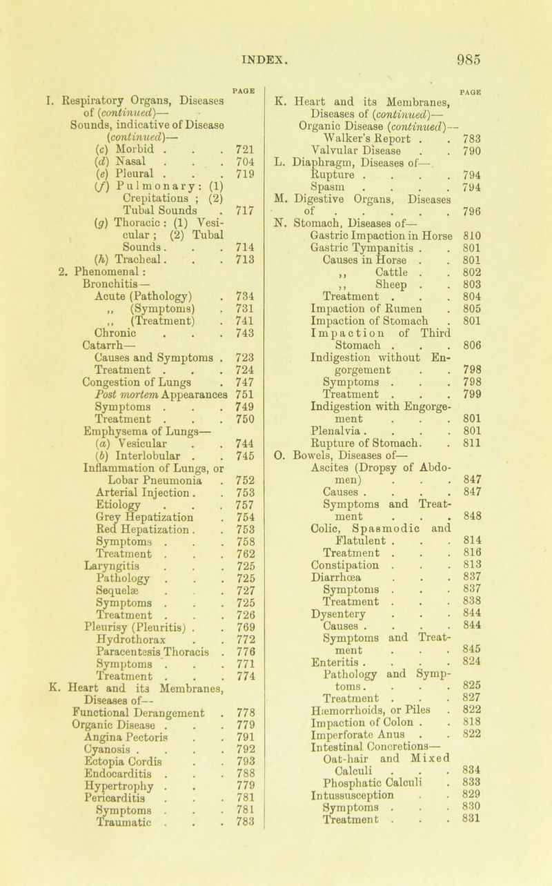 (d) (e) (/) (9) W I. Respiratory Organs, Diseases of (continued)— Sounds, indicative of Disease (continued)— (c) Morbid . Nasal Pleural . Pulmonary: (1) Crepitations ; (2) Tubal Sounds Thoracic : (1) Vesi- cular ; (2) Tubal Sounds. Tracheal. Phenomenal: Bronchitis— Acute (Pathology) „ (Symptoms) ,, (Treatment) Chronic Catarrh— Causes and Symptoms . Treatment . Congestion of Lungs Post mortem Appearances Symptoms . Treatment . Emphysema of Lungs— (а) Vesicular (б) Interlobular . Inflammation of Lungs, or Lobar Pneumonia Arterial Injection. Etiology Grey Hepatization Reel Hepatization. Symptoms Treatment Laryngitis Pathology Sequelae Symptoms Treatment Pleurisy (Pleuritis) . Hydrothorax Paracentesis Thoracis . Symptoms . Treatment . K. Heart and its Membranes, Diseases of— Functional Derangement Organic Disease . Angina Pectoris Cyanosis . Ectopia Cordis Endocarditis . Hypertrophy . Pericarditis Symptoms Traumatic . 721 704 719 717 714 713 734 731 741 743 723 724 747 751 749 750 744 745 778 779 791 792 793 788 779 781 781 783 M. N. K. Heart and its Membranes, Diseases of (continued)— Organic Disease (continued)— Walker’s Report . . 783 Valvular Disease . . 790 L. Diaphragm, Diseases of— Rupture . . . .794 Spasm .... 794 Digestive Organs, Diseases of 796 Stomach, Diseases of— Gastric Impaction in Horse 810 Gastric Tympanitis . . 801 Causes in Horse . . 801 ,, Cattle . . 802 ,, Sheep . . 803 Treatment . . . 804 Impaction of Rumen . 805 Impaction of Stomach . 801 Impaction of Third Stomach . . . 806 Indigestion without En- gorgement . .798 Symptoms . . .798 Treatment . . .799 Indigestion with Engorge- ment . . . 801 Plenalvia.... 801 Rupture of Stomach. . 811 O. Bowels, Diseases of— Ascites (Dropsy of Abdo- 752 men) . . 847 753 Causes . . , . 847 757 Symptoms and Treat- 754 ment . • 848 753 Colic, Spasmodic and 758 Flatulent , 814 762 Treatment . 816 725 Constipation 813 725 Diarrhoea . 837 727 Symptoms 837 725 Treatment . 838 726 Dysentery . 844 769 Causes . . 844 772 Symptoms and Treat- 845 776 ment . . 771 Enteritis . . . 824 774 Pathology and Symp- 825 toms. . Treatment • 827 H.'emorrlioids, or Piles Impaction of Colon Imperforate Anus Intestinal Concretions— Oat-hair and Mixed Calculi Phosphatic Calcul Intussusception Symptoms . Treatment . 822 818 822 834 833 829 830 831