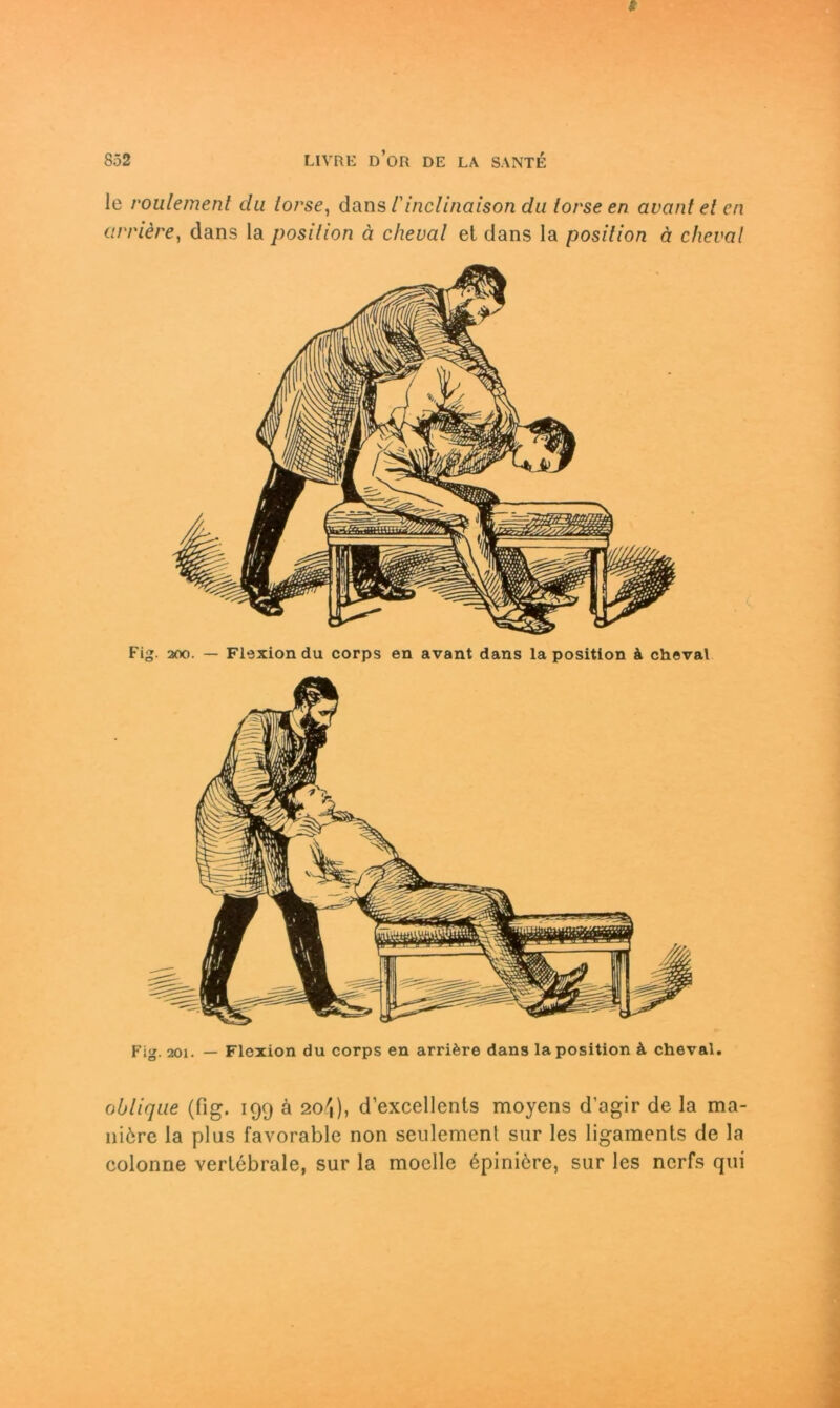 le roulemenl du lorse, dans l'inclinaison du lorse en avant el en andere, dans la posilion ä cheval et dans la posilion ä cheval Fig. 201. — Flexion du corps en arrifere dans la position k cheval. oblique (fig. 199 ä 20/|), d’excellents moyens d’agir de la ma- niöre la plus favorable non seulement sur les ligaments de la colonne vertebrale, sur la moelle 6piniöre, sur les nerfs qui