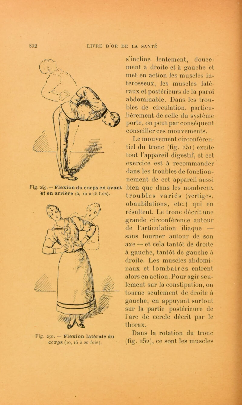 /'••■'S.. Fig. 2^9. — Flexion du corps en avant et en arriöre (5, 10 ä iS fois). Fig. 250. — Flexion laterale du ccrps (10, i5 ä 20 fois). s’incline lcnLemcnt, douce- ment u droite et a gauche et met en aetion les muselos in- terosseux, les muscles late- raux et posterieurs de la paroi abdominable. Dans les trou- bles de circulation, particu- lierement decelle du Systeme porte, on peut par conscquenl conseiller ces mouvements. Le mouvement circonferen- ticl du tronc (fig. 251) excite tout bappareil digestif, et cel cxercice est ä recommander dans les troubles de fonction- nemcnt de cct appareil aussi bien que dans les nombreux troubles vari6s (vertiges. obnubilations, etc.) qui en resultent. Le tronc decritune grande circonference autour de l’articulation iliaque — sans tourner autour de son axe — et cela tantöt de droite ä gauche, tantöt de gauche ä droite. Les muscles abdomi- naux et lombaires entrent alors en aetion. Pour agir seu- lcment sur la constipation, on tourne seulement, de droite ä gauche, en appuyantsurtout sur la partie posterieure de l arc de cerclc decrit par le tliorax. Dans la rolation du tronc (fig. 252), ce sont les muscles