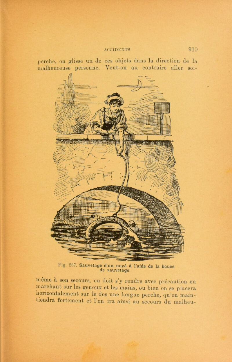 ])erclie, on glisse iiii de ces objets clans la direction de la malheiireuse persomie. Yeut-on au contraire aller soi- Fig. 267. Sauvetage dun noye ä l’aide de la bouce de sauvetage. nieme a son secours, on doit s’y rendre avec precaution eii marcbant sur les geiioux et les mains, ou bien on se placera borizontaleinent sur le dos une longue percbe, (ju’on main- tiendra forteinent et l’on ira ainsi au secours du malbeu-