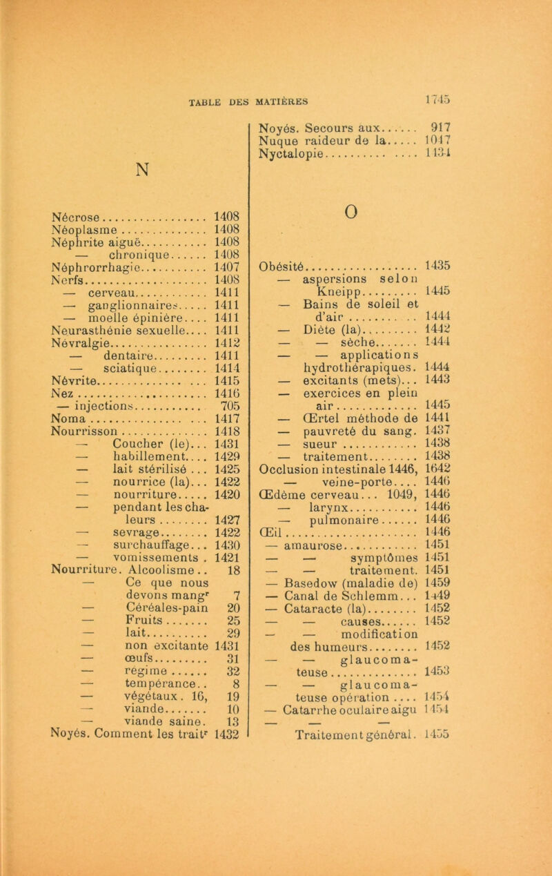 N N6crose 1408 Nöoplasrae 1408 Nephrite aigue 1408 — chronique 1408 Nephrorrhagie 1407 Nerfs 1408 — cerveau 1411 — ganglionnaire;? 1411 — moelle 6piniere.... 1411 Neurasthenie sexuelle.... 1411 Nevralgie 1412 — dentaire 1411 — sciatique 1414 N6vrite 1415 Nez 1416 — injections 705 Noma 1417 Nourrisson 1418 — Coucher (le)... 1431 — habillement.... 1429 — lait sterilisö ... 1425 — nourrice (la)... 1422 — nourriture 1420 — pendant lescha- leurs 1427 — sevrage 1422 — surchaulfage... 1430 — vomissements . 1421 Nourriture. Alcoolisme .. 18 — Ce que nous devons mang^ 7 — Cer6ales-pain 20 — Fruits 25 — lait 29 — non excitante 1431 — ceufs 31 — regime 32 — tempdrance.. 8 — vdgetaux. IG, 19 — viande 10 — viande saine. 13 Noy6s. Comment les trait*’ 1432 Noyös. Secours aux 917 Nuque raideur de la 1017 Nyctalopie 1134 0 Obesite 1435 — aspersions seien Kneipp 1445 — Bains de soleil et d’air 1444 — Diete (la) 1442 — — sdche 1444 — — applications hydrotherapiques. 1444 — excitants (mets)... 1443 — exercices en plein air 1445 — (Ertel mdthode de 1441 — pauvrete du sang. 1437 — sueur 1438 — traitement 1438 Occlusion intestinale 1446, 1642 — veine-porte.... 1446 QEdeme cerveau... 1049, 1446 — larynx 1446 — pulmonaire 1446 GEil 1446 — amaurose 1451 — — symptöines 1451 — — traitement. 1451 — Basedow (maladie de) 1459 — Canal de Schlemm... 1449 — Cataracte (la) 1452 — — causes 1452 — — modification des humeurs 1452 — — glaucoma- teuse 1453 — — glaucoraa- teuse Operation 1454 — Catarrhe oculaireaigu 1151 Traitement gendral. 1455