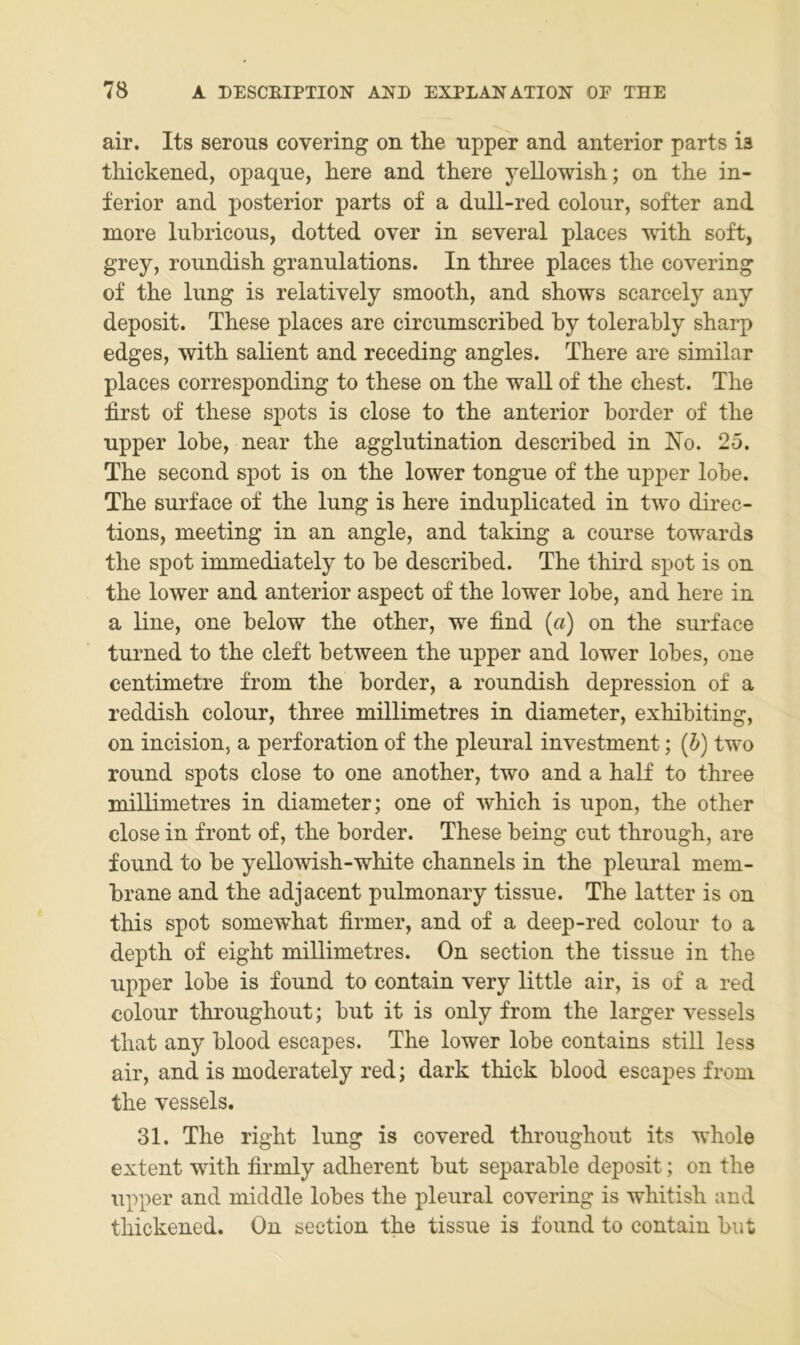 air. Its serous covering on the npper and anterior parts ia tKickened, opaque, here and there yellowish; on the in- ferior and posterior parts of a dnll-red colour, softer and more lubricous, dotted over in several places vdth soft, grey, roundish granulations. In three places the covering of the hing is relatively smooth, and shows scarcely any deposit. These places are circumscrihed hy tolerahly sharp edges, with salient and receding angles. There are similar places corresponding to these on the wall of the ehest. The first of these spots is dose to the anterior border of the upper lobe, near the agglutination described in No. 25. The second spot is on the lower tongue of the npper lobe. The surface of the lung is here induplicated in two direc- tions, meeting in an angle, and taking a conrse towards the spot immediately to be described. The third spot is on the lower and anterior aspect of the lower lobe, and here in a line, one below the other, we find («) on the surface turned to the cleft between the upper and lower lobes, one centimetre from the border, a roundish depression of a reddish colour, three millimetres in diameter, exhibiting, on incision, a Perforation of the pleural Investment; (5) two round spots dose to one another, two and a half to three millimetres in diameter; one of which is upon, the other dose in front of, the border. These being cut through, are found to be yellowish-white channels in the pleural mem- brane and the adjacent pulmonary tissue. The latter is on this spot somewhat firmer, and of a deep-red colour to a depth of eight millimetres. On section the tissue in the upper lobe is found to contain very little air, is of a red colour throughout; but it is only from the larger vessels that any blood escapes. The lower lobe contains still less air, and is moderately red; dark thick blood escapes from the vessels. 31. The right lung is covered throughout its whole extent with firmly adherent but separable deposit; on the upper and middle lobes the pleural covering is whitish and thickened. On section the tissue is found to contain but