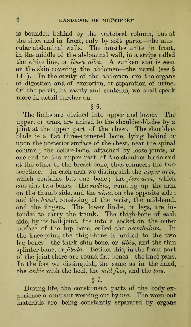 is bounded behind by the vertebral column, but at the sides and in front, only by soft parts,—the mus- cular abdominal walls. The muscles unite in front, in the middle of the abdominal wall, in a stripe called the white line, or linea alba. A sunken scar is seen on the skin covering the abdomen—the navel (see § 141). In the cavity of the abdomen are the organs of digestion and of excretion, or separation of urine. Of the pelvis, its cavity and contents, we shall speak more in detail further on. §6. The limbs are divided into upper and lower. The upper, or arms, are united to the shoulder-blades by a joint at the upper part of the chest. The shoulder- blade is a flat three-cornered bone, lying behind or upon the posterior surface of the chest, near the spinal column; the collar-bone, attached by loose joints, at one end to the upper part of the shoulder-blade and at the other to the breast-bone, thus connects the two together. In each arm we distinguish the upper arm, which contains but one bone; the fore-arm, which contains two bones—the radiums, running up the arm on the thumb side, and the ulna, on the opposite side; and the hand, consisting of the wrist, the mid-hand, and the Angers. The lower limbs, or legs, are in- tended to carry the trunk. The thigh-bone of each side, by its ball-joint, flts into a socket on the outer surface of the hip bone, called the acetabulum. In the knee-joint, the thigh-bone is united to the two leg bones— the thick shin-bone, or tibia, and the thin splinter-bone, or fibida. Besides this, in the front part of the joint there are round flat bones—the knee-pans. In the foot we distinguish, the same as in the hand, the anhle with the heel, the midfoot, and the toes. During life, the constituent parts of the body ex- perience a constant wearing out by use. The worn-out materials are being -constantly separated by organs
