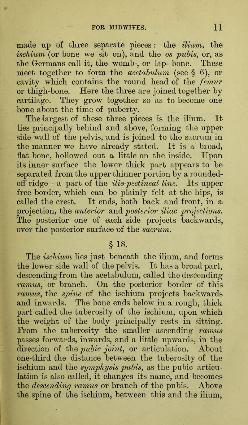 made up of three separate pieces : the ilium, the ischium (or bone we sit on), and the os puhis, or, as the Germans call it, the womb-, or lap- bone. These meet together to form the acetabulum (see § 6), or cavity which contains the round head of the femur or thigh-bone. Here the three are joined together by cartilage. They grow together so as to become one bone about the time of puberty. The largest of these three pieces is the ilium. It lies principally behind and above, forming the upper side wall of the pelvis, and is joined to the sacrum in the manner we have already stated. It is a broad, hat bone, hollowed out a little on the in«ide. Upon its inner surface the lower thick part appears to be separated from the upper thinner portion by a rounded^ off ridge—a part of the ilio-pectineal line. Its upper free border, which can be plainly felt at the hips, is called the crest. It ends, both back and front, in a projection, the anterior and posterior iliac projections. The posterior one of each side projects backwards, over the posterior surface of the sacrum. § 18. The ischium lies just beneath the ilium, and forms the lower side wall of the pelvis. It has a broad part, descending from the acetabulum, called the descending ramus, or branch. On the posterior border of this ramus, the spine of the ischium projects backwards and inwards. The bone ends below in a rough, thick part called the tuberosity of the ischium, upon which the weight of the body principally rests in sitting. From the tuberosity the smaller ascending ramus passes forwards, inwards, and a little upwards, in the direction of the pubic joint, or articulation. About one-third the distance between the tuberosity of the ischium and the symphysis pubis, as the pubic articu- lation is also called, it changes its name, and becomes the descending ramus or branch of the pubis. Above the spine of the ischium, between this and the ilium.
