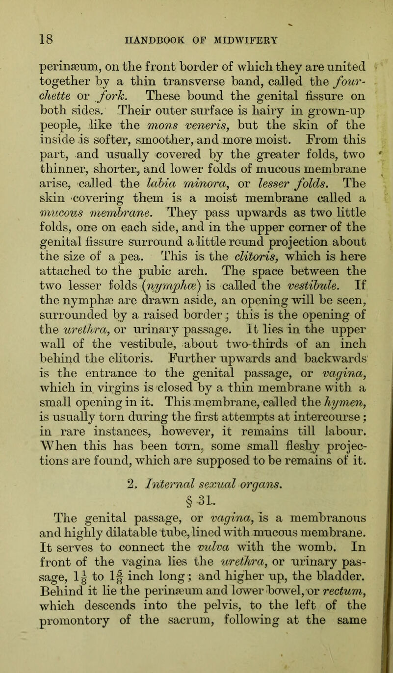 perinaeum, on the front border of which they are united together by a thin transverse band, called the four- chette or fork. These bound the genital fissure on both sides. Their outer surface is hairy in grown-up people, like the mons veneris, but the skin of the inside is softer, smoother, and-more moist. From this part, and usually covered by the greater folds, two thinner, shorter, and lower folds of mucous membrane arise, called the lahia minora, or lesser folds. The skin 'Covering them is a moist membrane called a mucous membrane. They pass upwards as two little folds, one on each side, and in the upper corner of the genital fissure surround a little round projection about the size of a pea. This is the clitoris, which is here attached to the pubic arch. The space between the two lesser folds {nymjohce) is called the vestibule. If the nymphje are drawn aside, an opening will be seen, surrounded by a raised borderthis is the opening of the urethra, or urinary passage. It lies in the upper wall of the vestibule, about two-thirds of an inch behind the clitoris. Further upwards and backwards is the entrance to the genital passage, or vagina, which in virgins is'dosed by a thin membrane with a small opening in it. This membrane, called the hymen, is usually torn during the first attempts at intercourse; in rare instances, however, it remains till labour. When this has been torn, some small fleshy projec- tions are found, which are supposed to be remains of it. 2. Internal sexual organs. § 31. The genital passage, or va^gina, is a membranous and highly dilatable tube,lined with mucous membrane. It serves to connect the vulva with the womb. In front of the vagina lies the urethra, or urinary pas- sage, 1J to 1§ inch long; and higher up, the bladder. Behind it lie the perina^umand lower bowel, or rectum, which descends into the pelvis, to the left of the promontory of the sacrum, following at the same