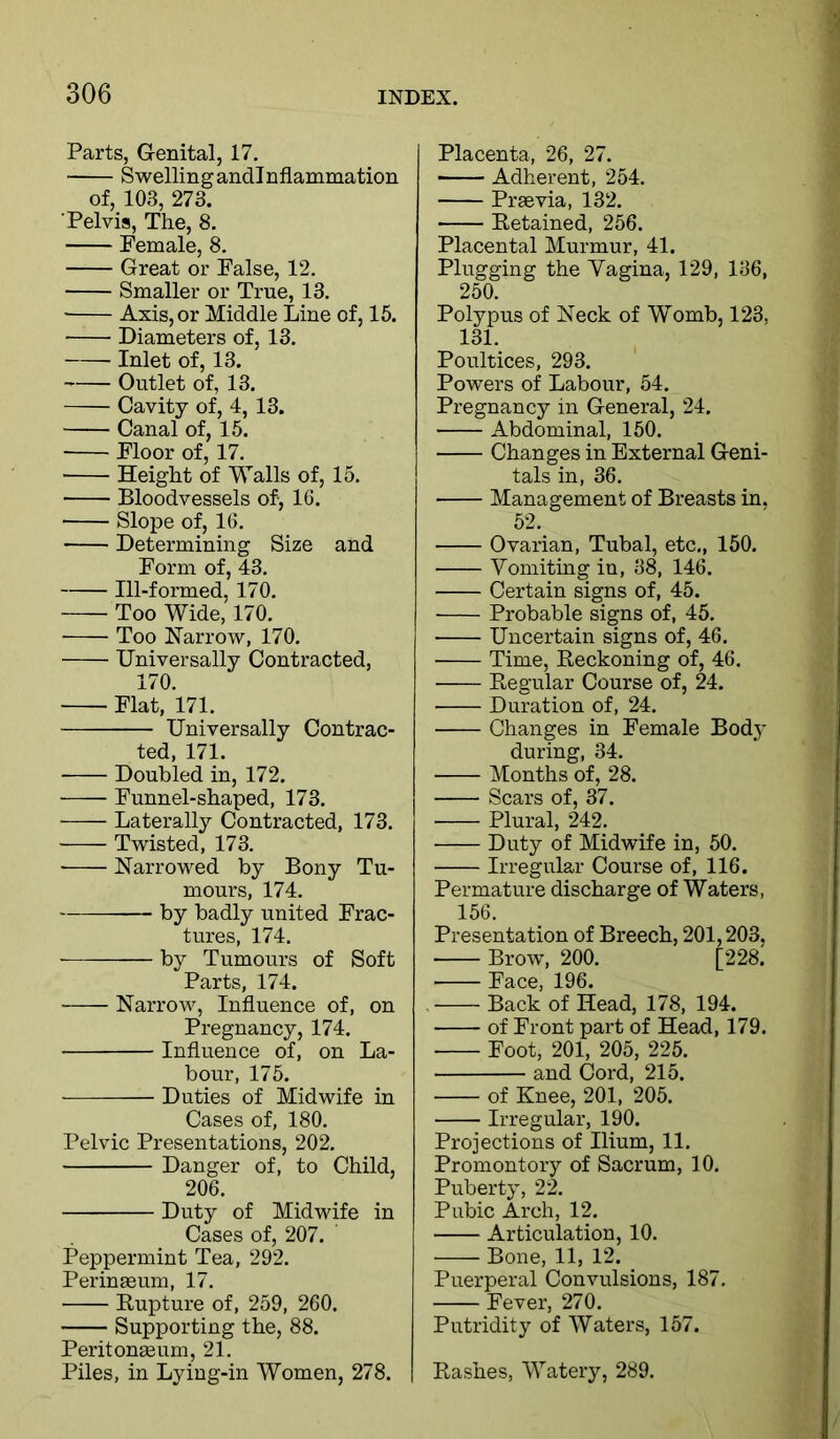 Parts, Genital, 17. Swelling andinflammation of, 103, 273. Pelvis, The, 8. Female, 8. Great or False, 12. Smaller or True, 13. • Axis, or Middle Line of, 15. Diameters of, 13. Inlet of, 13. Outlet of, 13. Cavity of, 4, 13. Canal of, 15. Floor of, 17. Height of Walls of, 15. Bloodvessels of, 16. Slope of, 16. Determining Size and Form of, 43. Ill-formed, 170. Too Wide, 170. Too Harrow, 170. Universally Contracted, 170. Flat, 171. Universally Contrac- ted, 171. Doubled in, 172. Funnel-shaped, 173. Laterally Contracted, 173. Twisted, 173. ■ Narrowed by Bony Tu- mours, 174. by badly united Frac- tures, 174. by Tumours of Soft Parts, 174. Narrow, Influence of, on Pregnancy, 174. Influence of, on La- bour, 175. Duties of Midwife in Cases of, 180. Pelvic Presentations, 202. Danger of, to Child, 206. Duty of Midwife in Cases of, 207. ' Peppermint Tea, 292. Perinaeum, 17. Eupture of, 259, 260. Supporting the, 88. Peritongeum, 21. Piles, in Lying-in Women, 278. Placenta, 26, 27. Adherent, 254. Praevia, 132. Eetained, 256. Placental Murmur, 41. Plugging the Vagina, 129, 136, 250. Polypus of Neck of Womb, 123, 131. Poultices, 293. Powers of Labour, 54. Pregnancy in General, 24. Abdominal, 150. Changes in External Geni- tals in, 36. Management of Breasts in. 52. Ovarian, Tubal, etc,, 150. Vomiting in, 38, 146. Certain signs of, 45. Probable signs of, 45. Uncertain signs of, 46. Time, Beckoning of, 46. Eegular Course of, 24. Duration of, 24. Changes in Female Bodj- during, 34. Months of, 28. Scars of, 37. Plural, 242. Duty of Midwife in, 50. Irregular Course of, 116. Per mature discharge of Waters, 156. Presentation of Breech, 201,203, Brow, 200, [228. Face, 196. , Back of Head, 178, 194. of Front part of Head, 179. Foot, 201, 205, 225. and Cord, 215. of Knee, 201, 205. Irregular, 190. Projections of Ilium, 11. Promontory of Sacrum, 10. Puberty, 22. Pubic Arch, 12. Articulation, 10. Bone, 11, 12. Puerperal Convulsions, 187. Fever, 270. Putridity of Waters, 157. Eashes, Watery, 289,