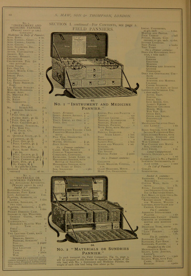 IO No. i.  INSTRUMENT AND MEDICINE PANNIER. (Weight about 90 lbs.) Contains : Medicines in Body 0/ Panni Acid. Boric. ; a < Acid. Carbol., Cryst.... 4 Acid. Carbol., Liquid. 4 Acid. Gallic i Acid. Sulphuric. Dii 4 Ammon. Carb 2 Antim. Tartaratum ... 1 Argent. Nit 1 Chloral. Hydrat. .. a Chlorodyne 2 Chloroform. Pur. (in two bottles)... CuPRl SULPH. Ext. Opii Liq. ... Inject. Morph. Conc. Iodoform Ipecac. Pulv Jalapin Liq. Epispasticus Liq. Ferri Perchi.or. Fort Liq. Plumbi Subacet Mist, pro Diarrhosa ... 4 Morph. Acet I Ol. Mentha Pip. ... i Ol. Oliva-: 4 Ol. Ricini 8 Ol. Terebinth 4 Pills— No. In each Pill. ( Hvdrarg. Subchlor. 7- ) gr- > ( Pui.v. Opii, gr. 1. 1' Plumbi Acet., gr. iij. ! Pulv. Opii, gr. i. ( Pulv. Calu.mb.-e, gr. i. 1 Hvdrarg. Subchi.or., I Pil. Rhei Co., ’■ 1 Pil. Coloc. Co., aa. gr. ij. Quininas Sulph., gr. ij. Camphor., gr. iij. Pulv. Opii, gr. ij. Pulv. Capsici, gr. J Pulv. Opii, gr. i. Pulv. Aloes Barb., gr. iss. Pulv. Jalaioe, gr. ij. Pulv. Colocynth., gr. i. Pulv. Cambogiaj, gr. J Sapo. Dur., gr. J Ol. Carui, Hi £ in 2 pills for a dose. Quininze Sulph. (Com- pressed) 16 oz Sh( HON I. continued —Vox Contents, see page 2. FIELD PANNIERS. 9 l 4 1 24 8. 9T doz ( 25 ‘3 63. No. i “Instrument and Pannier.” Medicine 91 Spirit. zEtheris .4 oz. Spirit. Ammon. Aromat. 4 ,, Tinct. Aconiti 1 ,, Tinct. Ipecac, et Opii 2 ,, Tinct. Opii 4 ,, Brandy J pt. Identification Tallies i book Paraffin Mobile Anti- septic ij lb. Pill Tile, Graduated and Drilled. Water, Distilled ... J pt. Zinci Sulph 2 oz. No. 1 Drawer contains: Camel Hair Pencils ... 6 Clinical Thermometer. Corkscrew, Compound. Envelopes, Linen Lined 25 Hypodermic Syringe, with Bottle of Solution. Hypodermic Syringe, with two Tubes of Discs. Ink, Solidified ... .. 1 pkt. Inkstand. Knives, Pii.l and Palette 2 Labels 100 Mustard Leaves 1 tin Needles, Acupressure ... 6 Needles, Hare-lip ... 12 Needles, Packing ... 2 Note Book, with Metal- lic Pencil. Pencils, Indelible ... 4 Spare Leads... i box Pens ... 1 box Penholders .. 2 Safety Pins 1 box Scales and Weights i set Scissors. Stethoscope. Tea Spoons .. 2 Writing Paper ... J quire No. 2 Drawer contains: Gallipots 3 Glass Measure, Conical, 2 oz. Glass Measures, Minim... 3 Horn Cup, Graduated. 6 doz. 1 ball Ipecac. Compressed, 20 grs. each Mortar and Pestle. Pack Thread Potass. Bicarb. Com- pressed, 10 grs. each... 15 doz. Stopper Loosener. Test Paper ... 2 books Test Tubes 3 No. 3 Drawer contains: Discs for Hypodermic Solu- tion, 1 tube each— Curara Eserink Ergotine Morphia Morphia and Atropine Quinine Strychnine Discs for Ophthalmic Use— Alum Atropine Atropine and Morphia Calabar Copper Sulphate Opium and Acet. of Lead Lamels for Internal Use, 1 sheet each— Antim. Tart. Emetin. Ipecac. Ext. Iron Ammon. Crr. James’s Powder Mercury Chloride Morph. Mur. Nux Vom. Ext. Opium Ext. Opium and Ipecac. Podophyllin Quinine Medicated Gelatine Discs and Lamels ... 1 tin Brass Syringe, with Rose Jet and Waterproof Bag. India-rubber Enema, with Tubing, Stopcock and Rose Jet for Irrigation. Wax Candles 4 Wax Candle and Match Box, complete ... ... 2 Zinci Chlor. ... 1 oz. Lower Compartment. Splints, Duncan’s,.in tin box 1 set (Longest pair is in No. 2 Pajinier.) Surgeons’ Instruments, in flax cover ... 1 case In Lid of Pannier. Gimlet. Screwdriver. No 2. “ MATERIALS OR SUNDRIES PANNIER.” All Appliances Antiseptic. (Weight about 80 lbs.) Basket A.* contains: Bandages, Calico ... ... 6 Bandages, Fast Edge ... 6 Lint, Antiseptic ... 8 oz. Plaster, Adhesive, on Linen 6 tins Plaster, Isinglass, in two tins 4 yds. Plaster, Adhesive, i in. Tapes 6 tins Pocket Dressing Case. Sponges in two Wrappers, German Cloth, with Straps 12 Tourniquets— Esmarch's Elastic Web 6 „ Tape 12 Field 4 Screw 2 Two Leather Cases, each CONTAINING— Needles, Sewing ... 6 Needles, Surgeons’ ... 6 Pins i paper Scissors. Silk Ligature i oz. Thread I » Tape i piece Wax ... 1 „ • The basket A is constructed, and the contents arranged, to form ttvo dressing trays, so that, if required, half the articles No. 2 “ Materials or Sundries Pannier.” In pack transport the Field Companion, Fig. 65, page 9, will be strapped on this Pannier to equalise the weight of the side load with No. 1 Instrument and Medicine Pannier, the weight of each side load being then about 90 lbs. Basket B. contains: Bandages, Triangular, Esmarch’s 12 Cotton Wool, Anti- septic 1 lb. Etna, Japanned, with two Drinking Cups, and Tin of Rectified Spirit. Ext. Meat, in four tins 2 lbs. Gutta-percha Urinal. “Kidney-shape” Basins for Washing Wounds 4 Lantern, with Glass and Candle, Complete. Tin C. contains: American India-rubber Plaster . 1 tin Carbolised Catgut 6 hanks Creosote in stoppered BOTTLE AND BOXWOOD CASE 2 OZ. Drainage Tube, assor- ted sizes 6 yds. “Lion” Forceps 1 pair Tenax 1 lb. Tin D. contains: Bandages, Calico Bandages, Fast Edge... 12 Bandages, Flannel ... 4 Strapped on the Lid. Memorandum Book. Splint, Long Jointed, Liston’s. Splints, Duncan’s ... 1 pair Splints, Wire, with Pad, Cases, Straps and