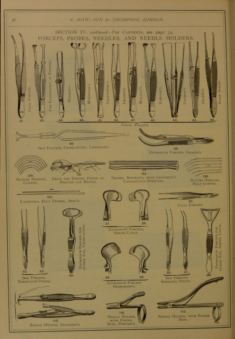 Fixing Forceps. 49. Iris Forceps, Cross-action, Liebreich’s. Suture Needles, Drum for Testing Points of Curved. Needles and Knives. Entropium Forceps, Graefe’s. 153. Probes, Bowman’s, with Critchett’s Canaliculus Director. 135. Suture Needles, Half Curved. MAW 152. Lachrymal Duct Probes, Anel’s. Iris Forceps, Tenaculum Points. 33. 115. Needle Holder, Saunders’s. Spring Catch. Entropium Forceps Desmarres’s. 114. Needle Holder, with Finger Ring, Portable.