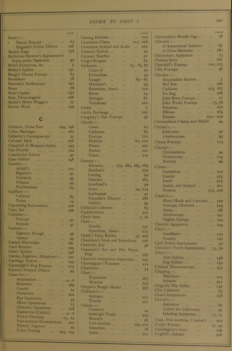 I* AGE PAGE PAGE Buck’s :— Casting Hobbles ... 212 Chittenden’s Mouth Gag... ... 58 • Throat Forceps 63 Castration Clams ... 212, 216 Chloride :— Huguier’s Uterus Dilator 106 Castration Scalpel and Knife ... 211 of Ammonium Inhalers ... 67 Bucket Legs 132 Cataract Knives 40 of Silver Batteries ... 180 Buckstone Browne’s Apparatus for Cataract Needles ... 41 Chloroform Apparatus ... ... 13 Supra-pubic Operation 92 Catgut Bougies 83 Cholera Belts ... 161 Bullet Extractors, &c. 7 Catheters... .. 83—85,87 Churchill’s Forceps 120,123 Bulky’s Splints I51 Cases of ... 90 Cilia Forceps ... 36 Burge’s Throat Forceps ... 63 Eustachian ... 45 Circular :— Burnishers 78 Gauges ... ... 83- -85 Amputation Knives ... 7 Burrows’s Stethoscope ... 191 Harrison’s ... 93 Bed Pan ... 166 Burrs ... ... ... 78 Retention, Sims’s ... 112 Cushions 165, 167 Busk’s Splint 151 Silver 24 Ice Bag ... 168 Bust, Phrenological 206 Syringes 87 Joint Bone Forceps ... 17 Butler’s Mallet Pluggers 77 Veterinary ... ... * 212 Joint Tooth Forceps -75, 76 Button Hook 129 Catlin .. 7 Pessaries 116 Cattle Probangs ... *... 212 Pillows ... 165 c Caughtry’s Ear Forceps 46 Trusses 170—172 Caustic :— Circumcision Clamp and Shield 94 Cabinets, Urine Test 194, 196 Cases... 24 Civiale’s :— Calico Bandages ... 160 Catheters 85 Lithotrite 91 Calmette’s Laryngoscope 55 Forceps 110 Urethrotome ••• 93 Calomel Bath 206 Holders ... ... 60, 110 Clamp Forceps ... ... 113 Campbell de Morgan’s Splint 145 Points 20 7 Clamps:— Can Douche 124 Probes 110 Circumcision 94 Canaliculus Knives 40 Tubes... 110 Ovarintomv ... IIA Cane Splints Canulas :— Atthill’s Bigelow’s Epistaxis ... ... Polypus Tracheotomy Capillar)':— Catheter Tubes Caponising Instruments ... Caps, Ice ... Capsular :— Forceps Scissors Carbolic :— Ligature Trough Sprays Carbon Electrodes Card Holders Carr’s Splints Carrier, Ligature, Allingham’s Cartilage Knives... Cartwright’s Dog P'orceps Carver’s Prepuce Dilator Cases for :— Amputation .. Botanists’ Caustic :.. Dissection ... Eye Operations Minor Operations ... Obstetric Operations Operations (Capital) Pocket Dressing Post-mortem Examinations Thread, Ligature ... Urine Testing 148 110 9i 49 49 65 85 19 216 168 4i 4i 28 29 181 129 148 100 199 215 94 4-6 189 24 200 35 •5 118 4—6 23, 24 200 ... 29 194, 195 Cautery :— Batteries Boecker’s Cutting Dentists Gowlland’s ... Irons ... Lachrymal Paquelin’s Thermo Smith’s Celluloid Catheters Cephalotribes Chain Saws Chair :— Invalid Operation, Sims's Chalk’s Drop Bottles Chambers’s Stem and Introducer Channels, Ear Chapman’s Ice and Hot Water Bags Charcot’s Suspension Apparatus Chassaignac’s Ecraseur Chatelaine... Chest:— Expanders Measure Cheyne’s Bougie Mould Children’s :— Syringes Trusses Chisels :— Cousins’s Gowing’s Tooth Mason’s T ost-mortem... Resection Spine ... 179, 180, 183, 184 179 99 183 99 99, 114 4i 186 99 85 121 7, 16 157 115 37, 206 106 48 168 141 111 23 163 193 207 101 171 14 214 56 199, 202 18 201 Rectum Clams: — Castration Caustic Lamb Lamb, and Scalpel . Torsion Clarke’s :— Blunt Hook and Crotchet Forceps, Obstetric ... Spray... Stethoscope ... Vagina Syringe Clavicle Apparatus Clay’s :— Insufflator Pessary Cleft Palate Instruments Clendon’s Tooth Instruments Cline’s :— Arm Splints ... • Leg Splints ... Clinical Thermometers ... Clipping :— Machines - ... Scissors Clogs for Flip Splint Clot Catheters Cloud Respirators Clover’s:— Aspirator Crutch for Lithotomy Inhaling Apparatus ... Coat, Post-mortem, Cousins’s Cock’s Trocars Coddington’s Lens Coghill’s Inhaler ... 99 .. 212 ... 215 ... 215 ... 211 215, 216 122 119 68 191 I24 144 110 116 56 76 145 150 193 215 212 146 S3 20S 87 92 13, 73 202 31, 94 196 208 73