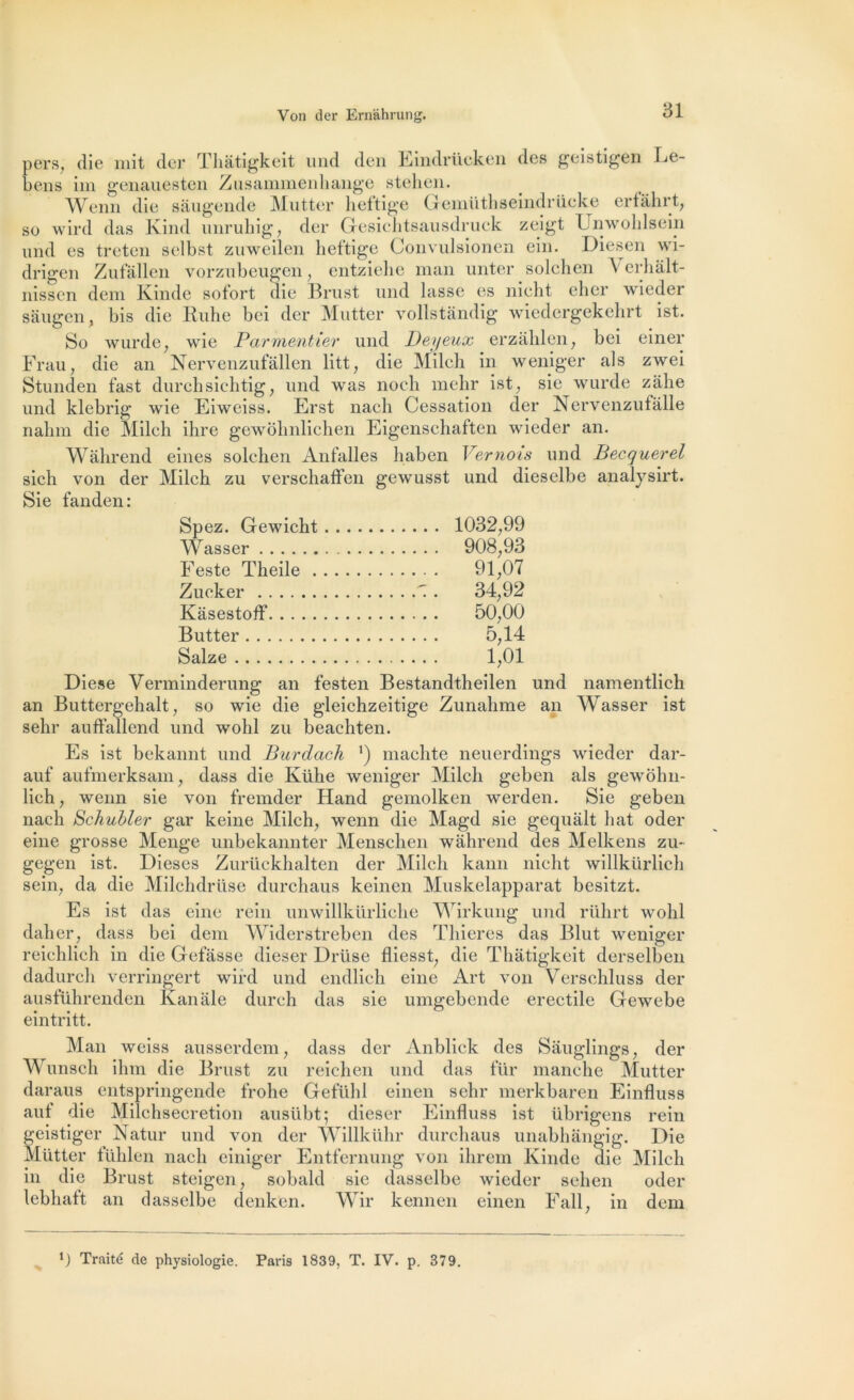 pers, die mit der Thâtigkeit und den Eindrücken des geistigen Le- beiis im genauesten Zusammenhange stehen. Wenn die sâugende Mutter heftige Gemüthseindrücke erfâhrt, so wird das Kind unruhig, der Gesichtsausdruck zeigt Unwohlsein und es treten selbst zuweilen heftige Convulsionen ein. Diesen wi- drigen Zufâllen vorzubeugen, entziehe inan unter solchen Verhâlt- nissen dem Kinde sofort die Brust und lasse es nicht eher wieder sâugen, bis die Ruhe bei der Mutter vollstândig wiedergekehrt ist. So wurde, wie Parmentier und Dey eux erzàlilen, bei einer Frau, die an Nervenzufâllen litt, die Milch in weniger als zwei Stunden fast durchsichtig, und was noch mehr ist, sie wurde zâhe und klebrig wie Eiweiss. Erst nacli Cessation der Nervenzutâlle nahm die Mileh ihre gewôhnlichen Eigenschaften wieder an. Wâhrend eines solchen Anfalles haben Vernois und Becquerel sich von der Milch zu verschaffen gewusst und dieselbe analysirt. Sie fanden: Spez. Gewicht 1032,99 Wasser 908,93 Feste Theile 91,07 Zucker ^ . 34,92 Kâsestofl1 50,00 Butter 5,14 Salze 1,01 Diese Verminderung an festen Bestandtheilen und namentlich an Buttergehalt, so wie die gleichzeitige Zunahme an Wasser ist sehr auffallend und wohl zu beachten. Es ist bekannt und Burdach machte neuerdings wieder dar- auf aufmerksam, dass die Kühe weniger Milch geben als gewôlm- lich, wenn sie von fremder Hand gemolken werden. Sie geben nach Schubler gar keine Milch, wenn die Magd sie gequâlt bat oder eine grosse Menge unbekannter Menschen wâhrend des Melkens zu- gegen ist. Dieses Zurückhalten der Milch kann nicht willkürlich sein, da die Milehdrüse durchaus keinen Muskelapparat besitzt. Es ist das eine rein unwillkürliche Wirkung und rührt wohl daher, dass bei dem Widerstreben des Thieres das Blut weniger reichlich in die Gefâsse dieser Drüse fliesst, die Thâtigkeit derselben dadurch verringert wird und endlieh eine Art von Verschluss der ausführenden Kan ale durch das sie umgebende erectile Gewebe eintritt. Man weiss ausserdem, dass der Anblick des Sâuglings, der Wunsch ihm die Brust zu reichen und das für manche Mutter daraus entspringende frohe Gefühl einen sehr merkbaren Einfluss auf die Milchsecretion ausübt; dieser Einfluss ist übrigens rein geistiger Natur und von der Willkühr durchaus unabhângig. Die Mütter fühlen nach einiger Entfernung von ilirem Kinde die Milch in die Brust steigen, sobald sie dasselbe wieder selien oder lebhaft an dasselbe denkten. Wir kennen einen F ail, in dem Traité de physiologie. Paris 1839, T. IV. p. 379.