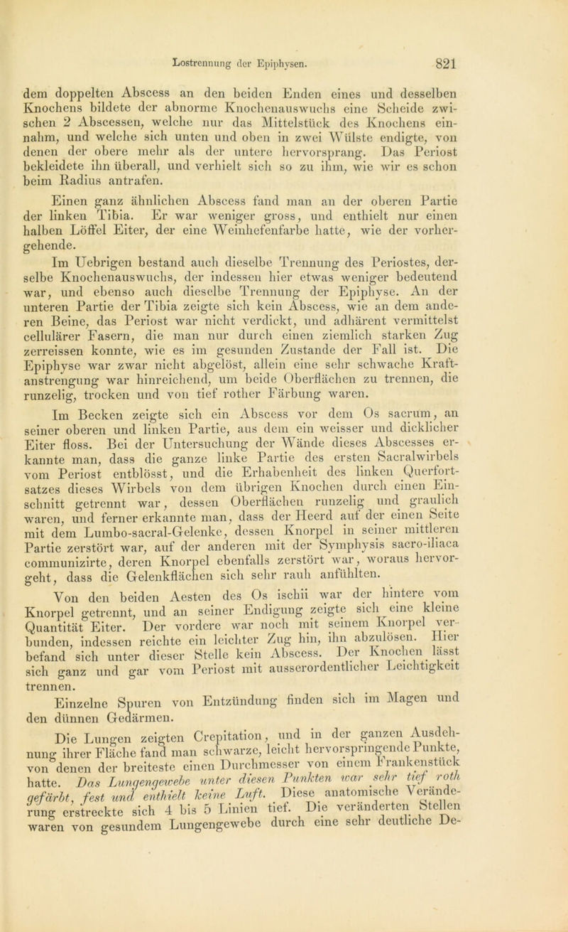 dem doppelten Abscess an den beiden Enden eines und desselben Knochens bildete der abnorme Knochenauswuchs eine Scheide zwi- schen 2 Abscessen, welche nur das Mittelstück des Knochens ein- nahm, und welche sieh unten und oben in zwei Wülste endigte, von denen der obéré mehr als der untere hervorsprang. Das Periost bekleidete ihn überall; und verhielt sieh so zu ihm, wie wir es schon beim Radius antrafen. Einen ganz âhnlichen Abscess fand inan an der oberen Partie der linken Tibia. Er war weniger gross, und enthielt nur einen halben Loffel Eiter, der eine Weinhefenfarbe batte, wie der vorher- gehende. Im Uebrigen bestand auch dieselbe Trermung des Périostes, der- selbe Knochenauswuchs, der indessen hier etwas weniger bedeutend war, und ebenso auch dieselbe Trennung der Epiphyse. An der unteren Partie der Tibia zeigte sieh kein Abscess, wie an dem ande- ren Beine, das Periost war nicht verdickt, und adhàrent vermittelst cellulârer Fasern, die man nur dur ch einen ziemlich starken Zug zerreissen konnte, wie es im gesunden Zustande der Fall ist. Die Epiphyse war zwar nicht abgelost, allein eine sehr schwache Kraft- anstrengung war hinreichend, um beide Oberflâchen zu trennen, die runzelig, trocken und von tief rother Fârbung war en. Im Becken zeigte sieh ein Abscess vor dem Os sacrum, an seiner oberen und linken Partie, aus dem ein weisser und dicklicher Eiter floss. Bei der Untersuchung der Wande dieses Abscesses er- kannte man, dass die ganze linke Partie des ersten Sacralwirbels vom Periost entblôsst, und die Erhabenheit des linken Querfort- satzes dieses Wirbels von dem übrigen Knochen durch einen Ein- schnitt getrennt war, dessen Oberflâchen runzelig und grauheh waren, und ferner erkannte man, dass der Heerd aut der einen Seite mit dem Lumbo-sacral-Gelenke, dessen Knorpel in seiner mittleren Partie zerstort war, auf der anderen mit der Symphysis sacro-iliaca communizirte, deren Knorpel ebentalls zerstort war, woiaus hei\oi- o;eht, dass die Gelenkflachen sicli sehr rauli anfühlten. o / Von den beiden Aesten des Os. ischii war dcr hintere vom Knorpel getrennt, und an seiner Endigung zeigte sieh eine kleine Quantitat Eiter. Der vordere war noch mit seincm Knoipel vei • bunden, indessen reichte ein leichter Zug hin, ihn abzulosen. IR ci befand sieh unter dieser Stelle kein Abscess. Dcr Knochen lasst sieh ganz und gar vom Periost mit ausserordentlicher Leichtigkeit trennen. Einzelne Spuren von Entzündung flnden sieh im Magen und den dünnen Gedarmen. Die Lungen zeigten Crépitation, und in der ganzen Ausdeh- nung ihrer Flâche fand man schwarze, leicht hervorsprmgendePunkte, von denen der breiteste einen Durchmesser von einem 1 rankenstuck hatte. Das Lunqenqewebe unter diesen Punkten war sehr tief roth qefàrbt, fest und enthielt Jceine Luft. Diese anatomische Verimde- rung erstreckte sieh 4 bis 5 Linien tief. Die veranderten btellen waren von gesundem Lungengewebe durch eine sehr deutlichc De-