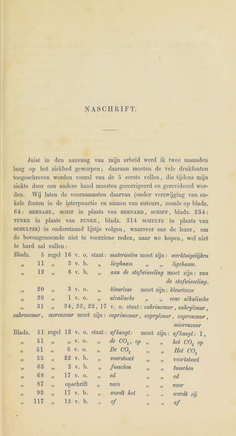NASCH RIFT. Juist in den aanvang van mijn arbeid werd ik twee maanden lang op het ziekbed geworpen; daaraan moeten de vele drukfouten toegeschreven worden vooral van de 5 eerste veilen, die tijdens mijn ziekte door een andere band moesten gecorrigeerd en gerevideerd wor- den. Wij laten de voornaamsten daarvan (onder verzwijging van en- kele fouten in de interpunctie en namen van auteurs, zooals op bladz. 64: BEitNAiiE, schif in plaats van bernard, sciiiff, bladz. 234: tunke in plaats van funke, bladz. 314 schultz in plaats van schultze) in onderstaand lijstje volgen, waarover ons de lezer, om de bovengenoemde niet te voorziene reden, naar we hopen, wel niet te hard zal vallen: -Bladz. 5 regel 16 v. o. staat: materieelen moet zijn : werlctuigelijken 33 11 33 3 v. b. 33 licghaam 33 33 ligchaam. 35 12 33 6 v. b. 33 aan de siofmsseling moet zijn: van de stofwisseling. 33 20 33 3 v. o. 33 kleurlose moet zijn : kleurlooze 33 29 33 1 V. 0. 33 alcalesche 33 33 eene alkalische 33 31 33 24, 23, 22, 17 v. o. staat : cahrinezuur, cahrylzuur, cahronzunr , merenzuur moet zijn: caprinezuur, > caprylzuur, capronzuur, mierenzuur Bladz. 51 regel 12 v. o. staat: afhangt: moet zijn .: af hangt: 1, 33 51 33 „ V. 0. 33 de C02, op „ het C02 op 33 51 33 6 v. o. 33 De C0.2 33 33 Ilet C02 33 55 33 22 v. b. 33 voorstuwt 33 33 voortstuwt 33 63 33 2 v. b. 33 fusschen 33 33 tusschen 33 68 33 17 v. o. 33 ed 33 33 cd 33 87 33 opschrift 33 voro 33 33 voor 33 92 33 17 v. b. 33 toordt het 33 33 toordt zij 33 117 33 12 v. b. 33 of 33 33 af