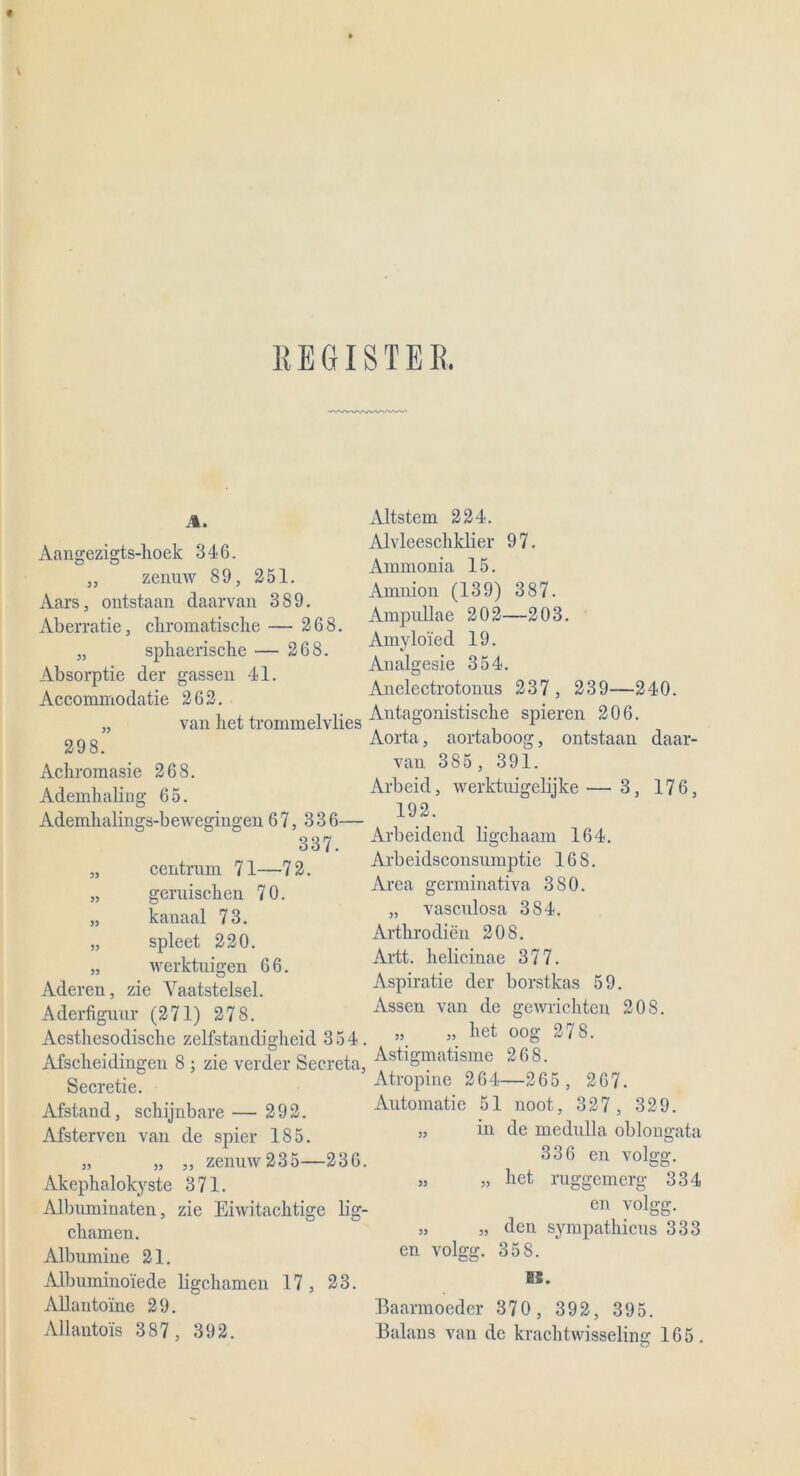 REGISTER A. Aangezigts-lioek 346. „ zenuw 89, 251. Aars, ontstaan daarvan 389. Aberratie, chromatische — 268. „ sphaerische — 268. Absorptie der gassen 41. Accommodatie 262. „ van het trommelvlies 298. Acliroraasie 268. Ademhaling 65. Ademhalings-bewegingen 67, 336— 337. „ centrum 71—7 2. „ geruisclien 70. „ kanaal 73. „ spieet 220. „ werktuigen 66. Aderen, zie Vaatstelsel. Aderfiguur (271) 278. Aesthesodische zelfstandigheid 354. Afseheidingen 8 ; zie verder Secreta, Secretie. Afstand, schijnbare — 292. Afsterven van de spier 185. „ „ ,, zenuw235—236. Akephalokyste 371. Albuminaten, zie Eiwitachtige lig- cliamen. Albumine 21. Albuminoiede ligchamen 17 , 23. Allantoine 29. Allantois 387, 392. Altstem 224. Alvleeschklier 97. Ammonia 15. Amnion (139) 387. Ampullae 202—203. Amyloied 19. Analgesie 354. Anelectrotonus 237, 239—240. Antagonistische spieren 206. Aorta, aortaboog, ontstaan daar- van 385, 391. Arbeid, werktuigelijke — 3, 176, 192. Arbeidend ligchaam 164. Arbeidsconsumptic 168. Area germinativa 380. „ vascnlosa 384. Arthrodien 208. Artt. helicinae 377. Aspiratie der borstkas 59. Assen van de gewrichten 208. „ „ het oog 278. Astigmatisme 268. Atropine 264—265 , 267. Automat]'e 51 noot, 327, 329. „ in de medulla oblongata 336 en volgg. » „ het ruggemerg 334 en volgg. „ „ den sympathicus 333 en volgg. 358. GS. Baarmoeder 370 , 392, 395. Balans van de krachtwisseling 165.