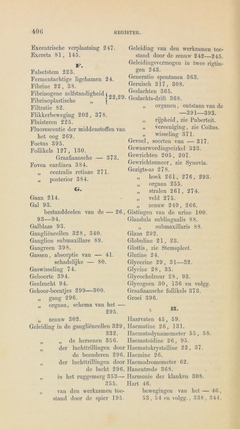 400 Excentrische verplaatsing 247. Excreta 81, 145. I. Falsetstem 223. Fermentachtige ligchamen 24. Fibrine 22, 38. Fibrinogene zelfstandigheid i _ 9 Fibrinoplastische „ j ’ Filtratie 8 2. Flikkerb eweging 202, 378. Fluisteren 225. Flnorescentie der middenstoffen van het oog 269. Foetns 395. Follikels 127 , 130. Graafiaansclie — 373. Fovea cardiaca 384. „ centralis retinae 271. „ posterior 384. G. Gaan 214. Gal 93. bestanddeelen van de — 26 93—94. Galblaas 93. Gangliencellen 328, 340. Ganglion submaxillare 89. Gangreen 398. Gassen, absorptie van — 41. schadelijke — 80. Gaswisseling 74. Geboorte 394. Geelzuclit 94. Gehoor-beentjes 299—300. „ gang 296. „ orgaan, Schema van het — 295. Geleiding van den werkzamen toe- stand door de zennw 242—245. Geleidingsvcrmogen in twee rigtin- gen 243. Generatio spontanea 363. Gemisch 217, 308. Geslachten 365. Geslachts-drift 368. „ Organen, ontstaan van de —391—393. ,, rijpheid, zie Puberteit. „ vereeniging, zie Coitus. „ wisseliug 371. Gevoel, soorten van — 317. Gewaarwordingscirkel 323. Gewrichten 205 , 207. Gewrichtssmeer, zie Synovia. Gezigts-as 278. „ hoek 261, 276, 293. „ orgaan 255. „ stralen 261, 274. „ veld 275. „ zenuw 249, 266. Gistingen van de urine 100. Glandula sublingualis 88. „ submaxillaris 88. Glans 292. Globuline 21, 23. Glottis, zie Stemspleet. Glutine 24. Glycerine 29, 31—32. Glycine 28, 35. Glycocholzuur 28, 93. Glycogeen 30, 136 en volgg. Graafiaansclie follikels 373. Groei 396. FiS. „ zenuw 302. Ilaarvaten 45 , 59. Geleiding in de gangliencellen 329, Haematine 26, 131. 332. Haematodynamometer 55, 5S. „ „ de hersenen 356. Haematoidine 26, 95. „ der luchttrillingen door Ilaematokrystalline 22, 37. de beenderen 296. Haemine 26. „ der luchttrillingen door Haemodromometer 62. de lucht 296. Planentrede 368. „ in het ruggemerg 353— Harmonie der klanken 308. 355. Hart 46. „ van den werkzamen toe- bcwegingcn van het — 46, stand door de spier 195. 53, 54 eil volgg., 338, 344.