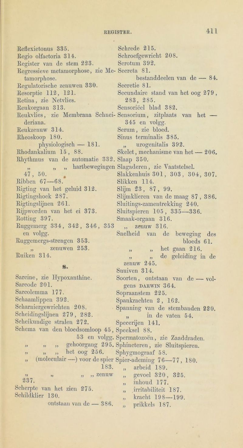 Reflexietonus 335. Regio olfactoria 314. Register van de stein 223. Regressieve metamorphose, zie Me- tamorphose. Regulatorische zenuwen 330. Resorptie 112, 121. Retina, zie Netvlies. Reukorgaan 313. Reukvlies, zie Membrana Schnei- deriana. Reukzenuw 314. Rheoskoop 180. physiologisch — 181. Rhodankalium 15 , 88. Rhythmus van de automatie 332. 84. 47, 50. Ribben 67- hartbewegingen -68. Rigting van het geluid 312. Rigtingshoek 287. Rigtingslijnen 261. Rijpworden van het ei 373. Rotting 397. Ruggemerg 334, 342, 346, 353 en volgg. Ruggemergs-strengen 353. Schrede 215. Schroefgewricht 208. Sero tum 392. Secreta 81. bestanddeelen van de Secretie 81. Secundaire stand van het oog 279 , 283, 285. Sensorieel blad 382. Sensorium, zitplaats van het — 345 en volgg. Serum, zie bloed. Sinus terminalis 385. „ urogenitalis 392. Skelet, mechanisme van het — 206. Slaap 350. Slagaderen, zie Vaatstelsel. Slakkenhuis 301, 303, 304, 307. Slikken 114. Slijm 23, 87 , 99. Slijmklieren van de maag 87 , 386. Sluitings-zamentrekking 240. Sluitspieren 105 , 335—336. Smaak-orgaan 316. ,, zenuw 316. Snelheid van de beweging zenuwen 253. Ruikeu 314. S. Sarcine, zie Ilypoxanthine. Sarcode 201. Sarcolemma 177. Schaamlippen 392. Scharniergewrichten 208. Scheidingslijnen 279, 282. Schcikuudige stralen 272. Schema van den bloedsomloop 45, 5 3 en volgg. » » „ gehoörgang 295. » „ „ het oog 256. „ (moleculair —) voor de spier 183. » „ „ „ zenuw 237. Scherpte van het zien 275. Schildklier 130. ontstaan van de — 386. des bloeds 61. „ „ het gaan 216. „ „ de geleiding in de zenuw 245. Snuiven 314. Soorten, ontstaan van de — vol- gens Darwin 364. Sopraanstem 225. Spankrachten 2, 162. Spanning van de stembaudcn 220. „ in de vaten 54. Specerijen 141. Speeksel 88. Spermatozoon, zie Zaaddraden. Sphincteren, zie Sluitspieren. Sphygmograaf 58. Spier-ademing 76—77, 180. „ arbeid 1S9. „ gevoel 320, 325. „ inhoud 177. „ irritabiliteit 187. „ kracht 198—199. „ prikkels 187.