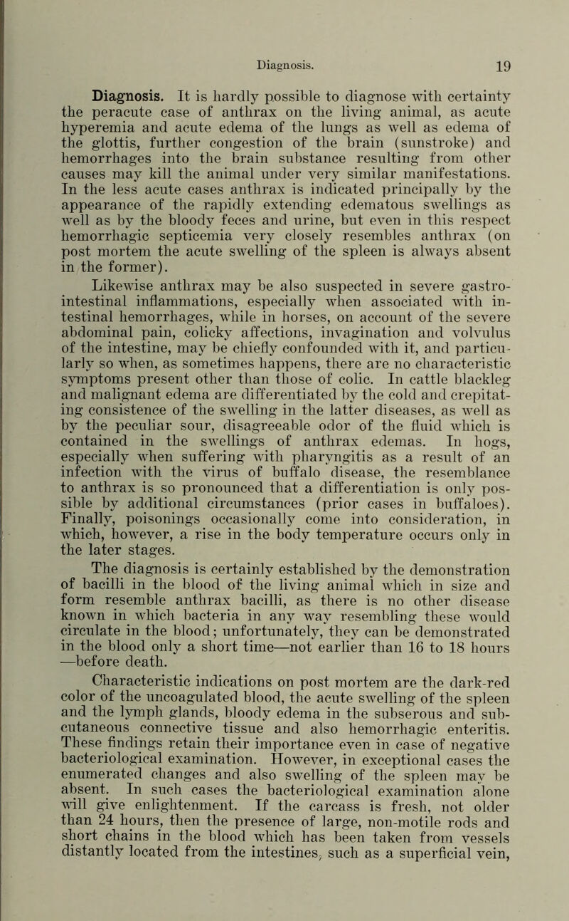 Diagnosis. It is hardly possible to diagnose with certainty the peracnte case of anthrax on the living animal, as acute hyperemia and acute edema of the lungs as well as edema of the glottis, further congestion of the brain (sunstroke) and hemorrhages into the brain substance resulting from other causes may kill the animal under very similar manifestations. In the less acute cases anthrax is indicated principally by the appearance of the rapidly extending edematous swellings as well as by the bloody feces and urine, but even in this respect hemorrhagic septicemia very closely resembles anthrax (on post mortem the acute swelling of the spleen is always absent in the former). Likewise anthrax may be also suspected in severe gastro- intestinal inflammations, especially when associated with in- testinal hemorrhages, while in horses, on account of the severe abdominal pain, colicky affections, invagination and volvulus of the intestine, may be chiefly confounded with it, and particu- larly so when, as sometimes happens, there are no characteristic symptoms present other than those of colic. In cattle blackleg and malignant edema are differentiated liy the cold and crepitat- ing consistence of the swelling in the latter diseases, as well as by the peculiar sour, disagreeable odor of the fluid which is contained in the swellings of anthrax edemas. In hogs, especially when suffering with pharyngitis as a result of an infection with the virus of buffalo disease, the resemblance to anthrax is so pronounced that a differentiation is only pos- sible by additional circumstances (prior cases in buffaloes). Finally, poisonings occasionally come into consideration, in which, however, a rise in the body temperature occurs only in the later stages. The diagnosis is certainly established by the demonstration of bacilli in the blood of the living animal which in size and form resemble anthrax bacilli, as there is no other disease known in which bacteria in any way resembling these would circulate in the blood; unfortunately, they can be demonstrated in the blood only a short time—not earlier than 16 to 18 hours ■—before death. Characteristic indications on post mortem are the dark-red color of the uncoagulated blood, the acute swelling of the spleen and the lymph glands, bloody edema in the subserous and sub- cutaneous connective tissue and also hemorrhagic enteritis. These findings retain their importance even in case of negative bacteriological examination. However, in exceptional cases the enumerated changes and also swelling of the spleen may be absent. In such cases the bacteriological examination alone will give enlightenment. If the carcass is fresh, not older than 24 hours, then the presence of large, non-motile rods and short chains in the blood which has been taken from vessels distantly located from the intestines, such as a superficial vein,