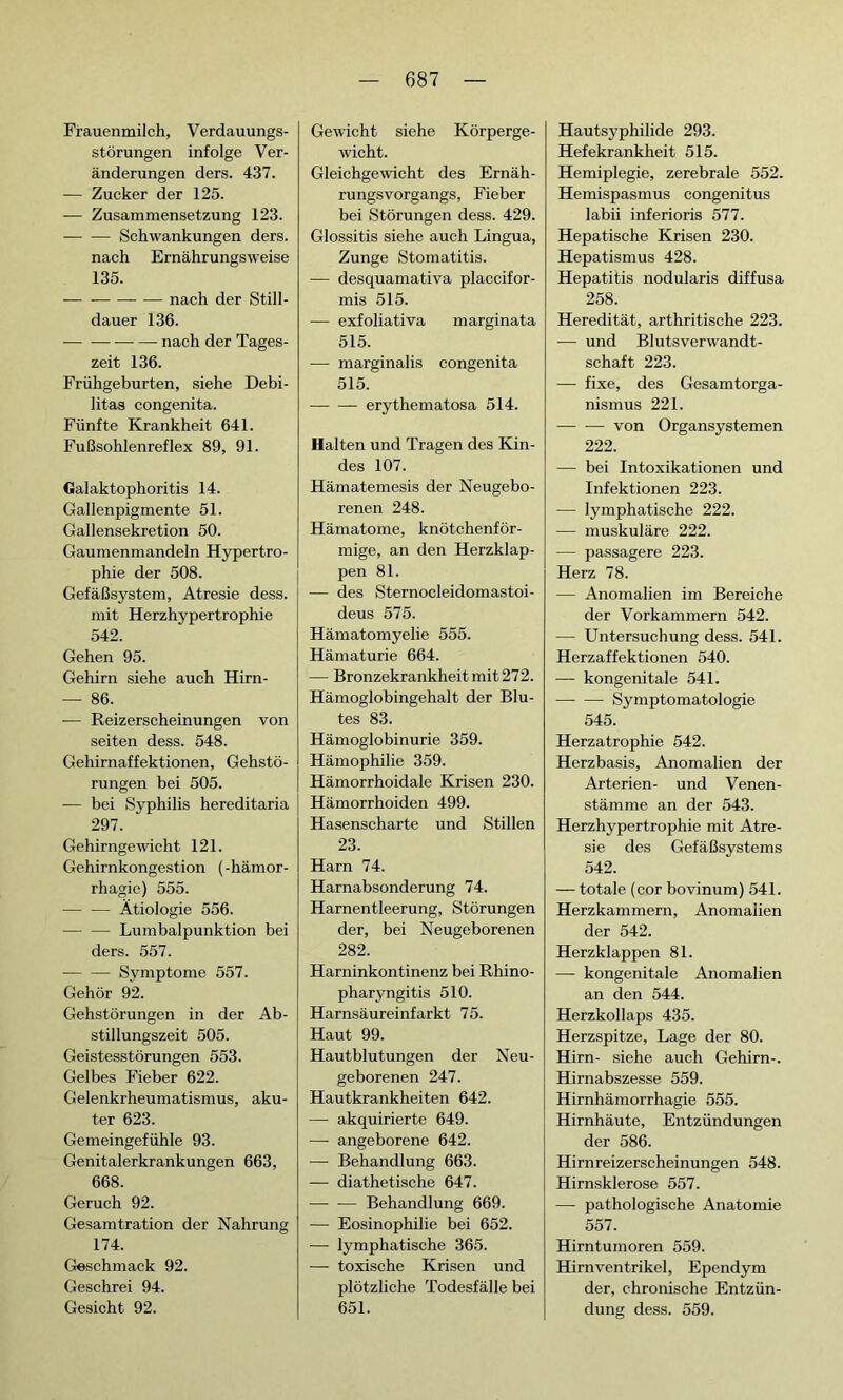 Frauenmilch, Verdauungs- störungen infolge Ver- änderungen ders. 437. — Zucker der 125. — Zusammensetzung 123. Schwankungen ders. nach Ernährungsweise 135. — — nach der Still- dauer 136. nach der Tages- zeit 136. Frühgeburten, siehe Débi- litas congenita. Fünfte Krankheit 641. Fußsohlenreflex 89, 91. Galaktophoritis 14. Gallenpigmente 51. Gallensekretion 50. Gaumenmandeln Hypertro- phie der 508. Gefäßsystem, Atresie dess. mit Herzhypertrophie 542. Gehen 95. Gehirn siehe auch Hirn- — 86. — Reizerscheinungen von seiten dess. 548. Gehirnaffektionen, Gehstö- rungen bei 505. -— bei Syphilis hereditaria 297. Gehirngewicht 121. Gehirnkongestion ( -hämor- rhagie) 555. Ätiologie 556. Lumbalpunktion bei ders. 557. Symptome 557. Gehör 92. Gehstörungen in der Ab- stillungszeit 505. Geistesstörungen 553. Gelbes Fieber 622. Gelenkrheumatismus, aku- ter 623. Gemeingefühle 93. Genitalerkrankungen 663, 668. Geruch 92. Gesamtration der Nahrung 174. Geschmack 92. Geschrei 94. Gesicht 92. Gewicht siehe Körperge- wicht. Gleichgewicht des Ernäh- rungsvorgangs, Fieber bei Störungen dess. 429. Glossitis siehe auch Lingua, Zunge Stomatitis. — desquamativa placcifor- mis 515. — exfoliativa marginata 515. — marginalis congenita 515. erythematosa 514. Halten und Tragen des Kin- des 107. Hämatemesis der Neugebo- renen 248. Hämatome, knötchenför- mige, an den Herzklap- pen 81. — des Sternocleidomastoi- deus 575. Hämatomyelie 555. Hämaturie 664. — Bronzekrankheit mit 272. Hämoglobingehalt der Blu- tes 83. Hämoglobinurie 359. Hämophilie 359. Hämorrhoidale Krisen 230. Hämorrhoiden 499. Hasenscharte und Stillen 23. Harn 74. Harnabsonderung 74. Harnentleerung, Störungen der, bei Neugeborenen 282. Harninkontinenz bei Rhino- pharyngitis 510. Harnsäureinfarkt 75. Haut 99. Hautblutungen der Neu- geborenen 247. Hautkrankheiten 642. — akquirierte 649. — angeborene 642. — Behandlung 663. — diathetische 647. — — Behandlung 669. — Eosinophilie bei 652. — lymphatische 365. — toxische Krisen und plötzliche Todesfälle bei 651. Hautsyphilide 293. Hefekrankheit 515. Hemiplegie, zerebrale 552. Hemispasmus congenitus labii inferioris 577. Hepatische Krisen 230. Hepatismus 428. Hepatitis nodularis diffusa 258. Heredität, arthritische 223. -— und Blutsverwandt- schaft 223. — fixe, des Gesamtorga- nismus 221. — — von Organsystemen 222. — bei Intoxikationen und Infektionen 223. — lymphatische 222. — muskuläre 222. — passagère 223. Herz 78. — Anomalien im Bereiche der Vorkammern 542. — Untersuchung dess. 541. Herzaffektionen 540. — kongenitale 541. Symptomatologie 545. Herzatrophie 542. Herzbasis, Anomalien der Arterien- und Venen- stämme an der 543. Herzhypertrophie mit Atre- sie des Gefäßsystems 542. — totale (cor bovinum) 541. Herzkammern, Anomalien der 542. Herzklappen 81. —- kongenitale Anomalien an den 544. Herzkollaps 435. Herzspitze, Lage der 80. Hirn- siehe auch Gehirn-. Hirnabszesse 559. Hirnhämorrhagie 555. Hirnhäute, Entzündungen der 586. Hirnreizerscheinungen 548. Hirnsklerose 557. — pathologische Anatomie 557. Hirntumoren 559. Hirnventrikel, Ependym der, chronische Entzün- dung dess. 559.