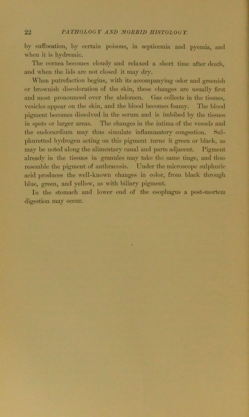 by suffocation, by certain poi.-sons, in septiceniüi and pyemia, and Avheu it is livdreinic. The cornea beconies elondy and relaxe<l a short time after death, and whon the lids are not closed it may dry. ^\dlen putrefaction begins, with its acconipanying odor and greeuish or brownish discoloration of the skin, tliese changes are nsually first and most pronounced ov’er the abdonicn. (las collects in the tissnes, vesicles appear on the skin, and the blood becomes foamy. The bl(Kxl pigmcnt becomes dissolved in the serum and is imbibed by tlie tissues in Spots or larger areas. The changes in the intima of the vessels and the endocardinm may thus siinnlatc inflammatory congestion. Sul- jihnretted hydrogcn acting on this ])igmeut turns it green or black, as may be uoted along the alimeutarv cmial and j)arts adjacent. Pigment already in the tissues in granules may üd^c the same tiuge, and thus resemble tbc pigment of anthracosis. linder the microscopc suljilmric acid jiroduces the well-known changes in color, from black throngh blne, green, and yellow, as with biliary pigment. In the stomach and lower eud of the esophagus a jK)st-mortem digestiou may occur.