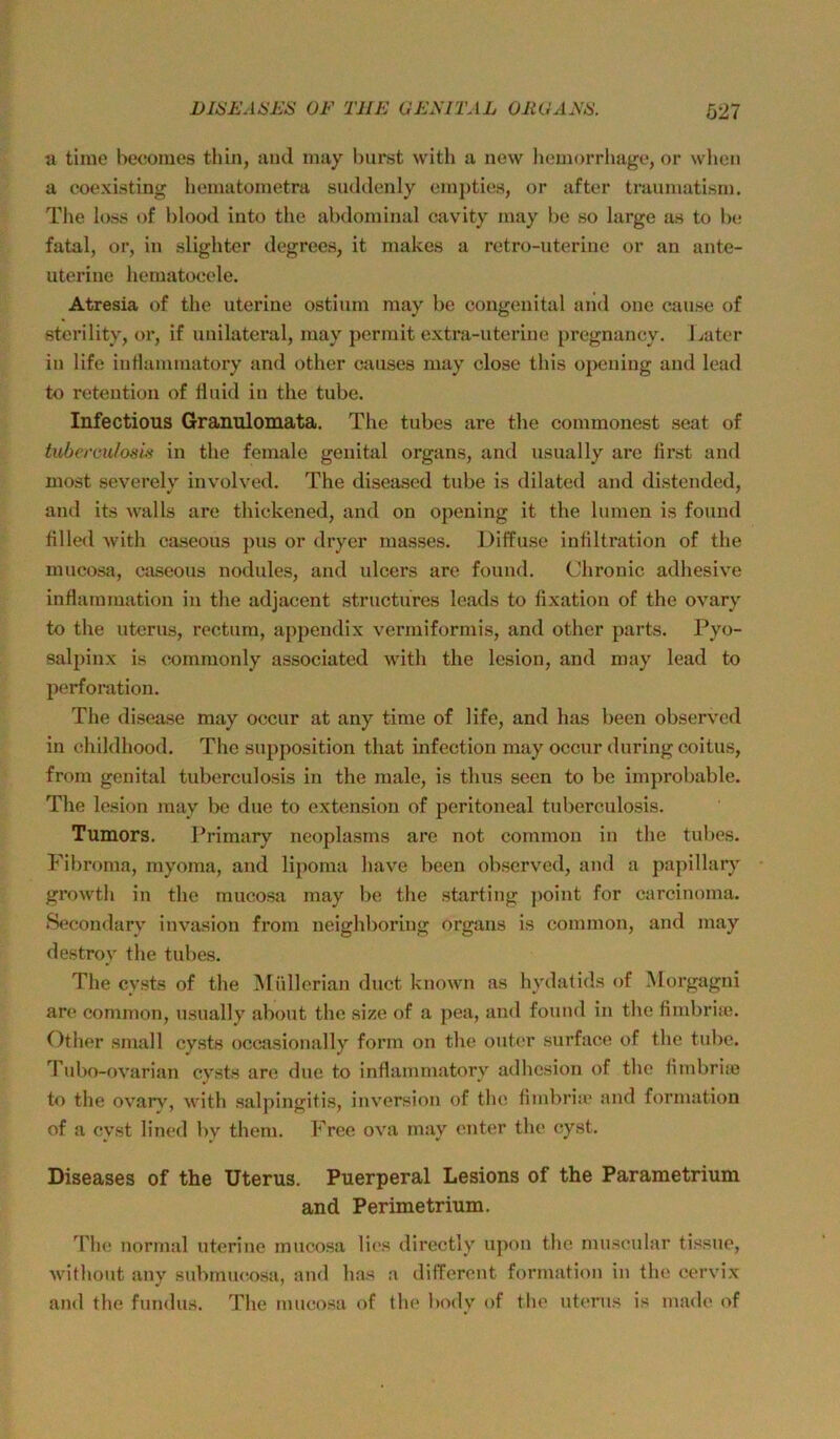 D1SEA8ES OE THE GEEIT AL OliGAEE Ö27 a time hecomes thin, and may hurst with a new hemorrhage, or when a coexisting heinatoinetra smldenly einpties, or after trauniatism. Tlie loss of hiood into the abdominal cavity may be so large as to be fatal, or, in slighter degrees, it makes a retro-uterine or an ante- uterine liematocele. Atresia of the uterine ostium may be congenital and one cause of sterility, or, if unilateral, may permit extra-uterine pregnancy. Later in life iutlammatory and other causes may close this opening and lead to retention of fluid in the tube. Infectious Granulomata. The tubes are the commonest seat of tubercufosiji in the female genital organs, and usually are first and most severely involved. The diseased tube is dilated and distended, and its walls are thickened, and on opening it the lumen is fouud fllled with caseous pus or dryer masses. Diffuse inflltration of the mucosa, caseous nodules, and ulcers are fouud. Chronic adhesive inflammation in the adjacent structures leads to flxation of the ovary to the Uterus, rectum, appendix vermiformis, and other parts. Pyo- 8alj)inx is commonly associated with the lesion, and may lead to Perforation. The disease may occur at any time of life, and has been observcd in childhood. The supposition that mfection may occur during coitus, from genital tuberculosis in the male, is tluis seen to be improbable. The lesion may be due to extension of peritoneal tuberculosis. Tumors. Primary neoplasms are not common in the tubes. Filjroma, myoma, and lipoma have been observcd, and a papillarj' growth in the mucosa may be tlie starting jioint for carcinoma. Secondary invasion from neighboring organs is common, and may destroy the tubes. The cysts of the Müllerian duct known as hydatids of Morgagni are common, usually about the size of a pea, and fotind in the fimbrise. Other small cysts occasionally form on the outcr surface of the tube. Tubo-ovarian cysts are due to inflammatory adhcsion of the flnibriie to the ovar\', with salpingitis, inversion of the fiinbriic and formation of a cyst lined by them. Free ova may enter the cyst. Diseases of the Uterus. Puerperal Lesions of the Parametrium and Perimetrium. The normal uterine mucosa lies directly upon the muscular tissue, without any submucosa, and has a different formation in the cervix and the fundus. The mucosa of the body of the utcrus is madc of