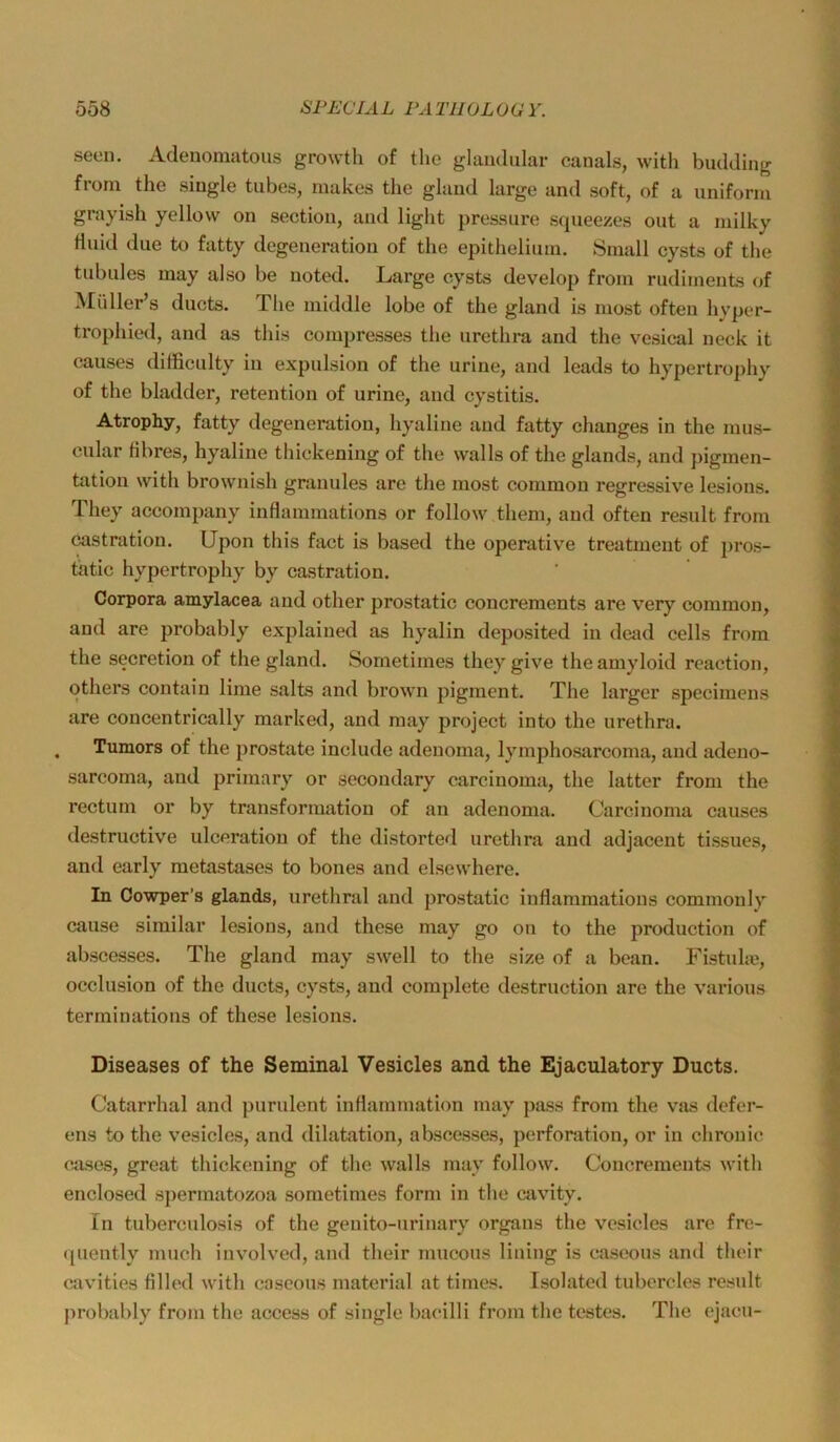 seeii. Adenomatous growth of the glaudiilar canals, with budding from the single tubes, makes the glaud large and soft, of a uniform grayish yellow on section, and light pressure scpieezes out a milky fluid due to fatty degeneratiou of the epithelium. Small cysts of tlie tubules may also be uoted. Large cysts develop from rudiments of Müller’s ducts. Tlie middle lobe of the gland is most ofteu hyper- trophied, and as this compresses the urethra and the vesical neck it causes difficulty in expulsion of the urine, and leads to hypertrophy of the bladder, retention of urine, and cystitis. Atrophy, fatty degeneration, hyaline and fatty changes in the mus- cular tibres, hyaline thickening of the walls of the glands, and pigmen- üition with brownish grauules are the most common regressive lesions. Tliey accompany inflammations or follow them, and often result from ostration. Upon this fact is based the operative treatmeiit of pros- tatic hypertrophy by castration. Corpora amylacea and other prostatic concreraents are very common, and are probably explained as hyalin deposited in dead cells from the secretion of the gland. Sometimes they give the amyloid reaction, others contain lime salts and brown pigment. The larger specimens are concentrically marked, and may project into the urethra. , Tumors of the prostate include adeuoma, lymphosarcoma, and adeno- sarcoma, and primary or secondary carcinoma, the latter from the rectum or by transformatiou of an adenoma. Carcinoma causes destructive ulceratiou of the distorted urethra and adjacent tissues, and early metastases to bones and elsewliere. In Cowper’s glands, urethral and prostatic inflammations commonly cause similar lesions, and these may go on to the production of abscesses. The gland may swell to the size of a bean. Fistuhe, occlusion of the ducts, cysts, and complete destruction are the various terminations of these lesions. Diseases of the Seminal Vesicles and the Ejaculatory Ducts. Catarrhal and purulent Inflammation may pass from the vas dcfer- ens to the vesicles, and dilatation, abscesses, Perforation, or in chronic cases, great thickening of the walls may follow. Concremeuts with enclosed spermatozoa sometimes form in the aivity. ln tuberculosis of the geuito-urinary organs the vesicles are fre- (piently much involved, and their mucous lining is easeous and their cavities filled with easeous material at tirnes. Isolated tubercles result jirobably from the access of single bacilli from the testes. The ejacu-