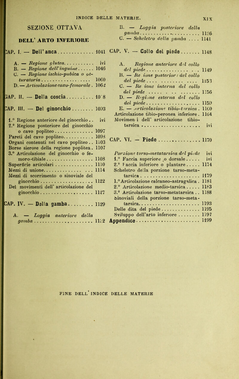 SEZIONE.OTTAVA DELL’ ARTO INFERIORE B. — Loggia posteriore della gamba C. — Scheletro della gamba .... :AP. I. — Deir anca 1041 A. — Begione glutea ivi B. — Regione dell’inguine 1046 C. — Regione ischio-pubica o ot- turatoria 1060 D. — Articolazionecoxo-femorale . 106ii }AP. H. — Della coscia ;... 10 8 :AP. III. — Del ginocchio 1093 1. ° Regione anteriore del ginocchio . . ivi 2. ® Regione posteriore del ginocchio o cavo popliteo 1097 Pareti del cavo popliteo 1098 Organi contenuti nel cavo popliteo.. Ii03 Borse sierose della regione poplitea. 1107 3. ° Articolazione del ginocchio o fe- moro-tibiale 1108 Superticie articolari 1110 Mezzi di unione 1114 Mezzi di scorrimento o sinoviale del ginocchio 1122 Dei movimenti dell’ articolazione del ginocchio 1127 CAP. IV. — Della gamba 1129 A. — Loggia anteriore della gamba IR-2 CAP. V. — Collo del piede A. Regione anteriore del collo del piede B. — Re ione posterior i del collo del piede C. — Re ione interna del collo del piede D. — R('gi)ne esterna del collo del piede E. — articolazione tibio-tnsica . Articolazione tibio-peronea inferiore. Movimen i dell’ articolazione tibio- tarsica CAP. VI. - Piede Porzione tarso-metatarsica del piede 4.® Faccia superiore .o dorsale 2.° f accia inferiore o plantare Scheletro della porzione tarso-meta- tarsica 1. ® Articolazione calcaneo-astragalica . 2. ® Articolazione medio-tarsica 3. ° Articolazione tarso-metatarsica . . Sinoviali della porzione tarso-meta- tarsica Delle dita del piede Sviluppo dell’arto inferiore Appendice Ilc6 1141 1148 1149 1153 1156 1159 1160 1164 ivi 1170 ivi ivi 1174 1179 1181 1183 1188 1193 1195 1197 1199 FINE dell’indice DELLE MATERIE