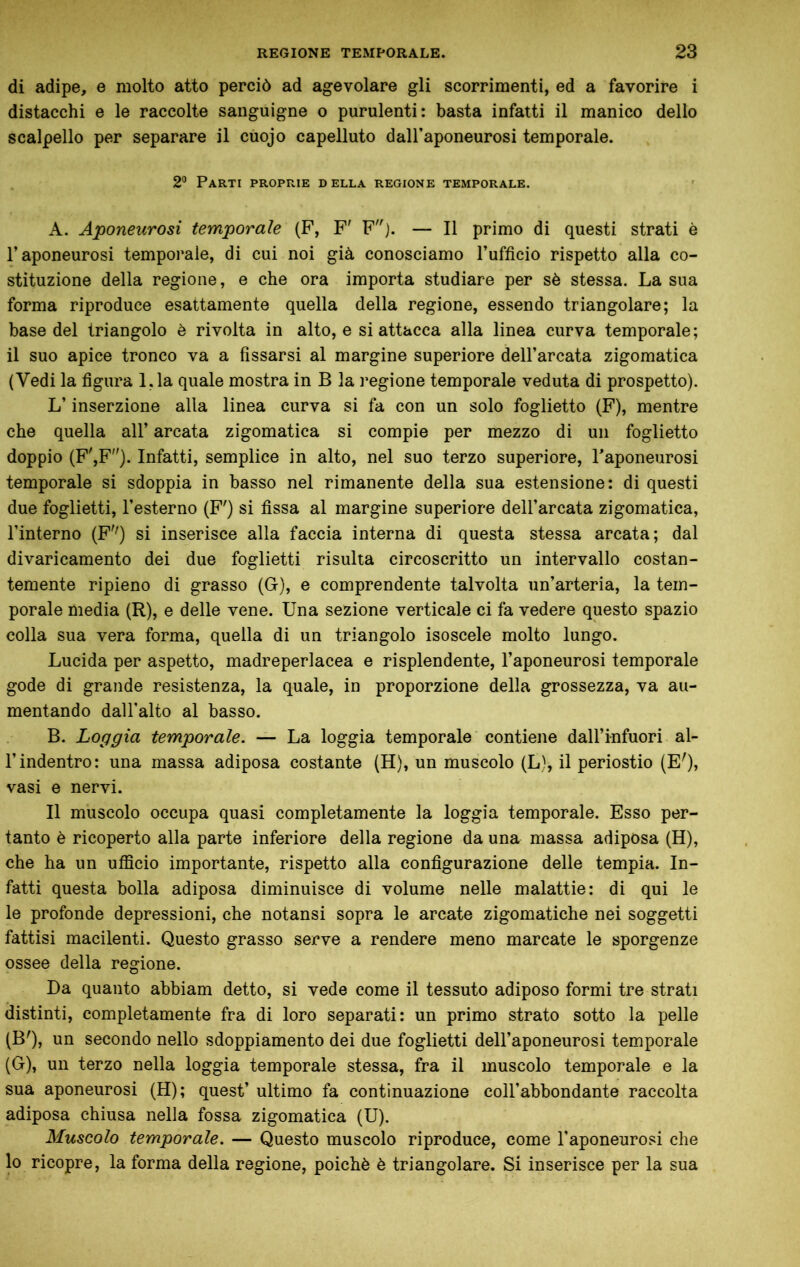 di adipe, e molto atto perciò ad agevolare gli scorrimenti, ed a favorire i distacchi e le raccolte sanguigne o purulenti: basta infatti il manico dello scalpello per separare il cuojo capelluto dall’aponeurosi temporale. 2® Parti proprie della regione temporale. A. Aponeurosi temporale (F, F' Fj. — Il primo di questi strati è l’aponeurosi temporale, di cui noi già conosciamo l’ufficio rispetto alla co- stituzione della regione, e che ora importa studiare per sè stessa. La sua forma riproduce esattamente quella della regione, essendo triangolare; la base del triangolo è rivolta in alto, e si attacca alla linea curva temporale; il suo apice tronco va a fissarsi al margine superiore dell’arcata zigomatica (Vedi la figura l.la quale mostra in B la regione temporale veduta di prospetto). L’inserzione alla linea curva si fa con un solo foglietto (F), mentre che quella all’ arcata zigomatica si compie per mezzo di un foglietto doppio (F',F). Infatti, semplice in alto, nel suo terzo superiore, Taponeurosi temporale si sdoppia in basso nel rimanente della sua estensione: di questi due foglietti, l’esterno (F') si fissa al margine superiore dell’arcata zigomatica, l’interno (F'Q si inserisce alla faccia interna di questa stessa arcata; dal divaricamento dei due foglietti risulta circoscritto un intervallo costan- temente ripieno di grasso (Q), e comprendente talvolta un’arteria, la tem- porale media (R), e delle vene. Una sezione verticale ci fa vedere questo spazio colla sua vera forma, quella di un triangolo isoscele molto lungo. Lucida per aspetto, madreperlacea e risplendente, l’aponeurosi temporale gode di grande resistenza, la quale, in proporzione della grossezza, va au- mentando dall’alto al basso. B. Loggia temporale. — La loggia temporale contiene dall’infuori al- rindentro: una massa adiposa costante (H), un muscolo (L), il periostio (E'), vasi e nervi. Il muscolo occupa quasi completamente la loggia temporale. Esso per- tanto è ricoperto alla parte inferiore della regione da una massa adiposa (H), che ha un ufficio importante, rispetto alla configurazione delle tempia. In- fatti questa bolla adiposa diminuisce di volume nelle malattie: di qui le le profonde depressioni, che notansi sopra le arcate zigomatiche nei soggetti fattisi macilenti. Questo grasso serve a rendere meno marcate le sporgenze ossee della regione. Da quanto abbiam detto, si vede come il tessuto adiposo formi tre strati distinti, completamente fra di loro separati: un primo strato sotto la pelle (B')j un secondo nello sdoppiamento dei due foglietti dell’aponeurosi temporale (G), un terzo nella loggia temporale stessa, fra il muscolo temporale e la sua aponeurosi (H); quest’ ultimo fa continuazione coll’abbondante raccolta adiposa chiusa nella fossa zigomatica (U). Muscolo temporale. — Questo muscolo riproduce, come l’aponeurosi che lo ricopre, la forma della regione, poiché è triangolare. Si inserisce per la sua