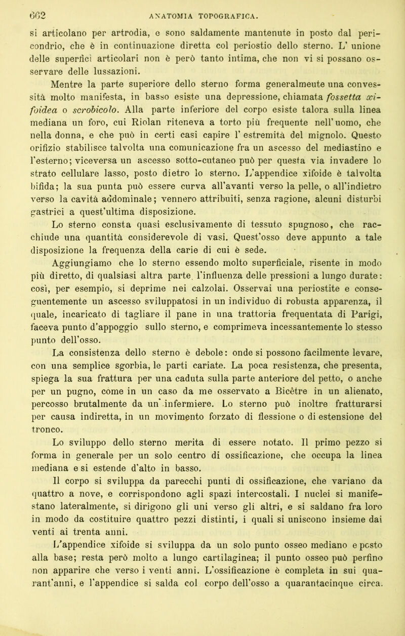 si articolano per artrodia, e sono saldamente mantenute in posto dal peri- condrio, che è in continuazione diretta col periostio dello sterno. L’ unione delle superlìcì articolari non è però tanto intima, che non vi si possano os- servare delle lussazioni. Mentre la parte superiore dello sterno forma generalmente una conves- sità molto manifesta, in basso esiste una depressione, chiamata fossetta xi- foìdea 0 scrobicolo. Alla parte inferiore del corpo esiste talora sulla linea mediana un foro, cui Riolan riteneva a torto più frequente nell’uomo, che nella donna, e che può in certi casi capire 1’ estremità del mignolo. Questo orifizio stabilisce talvolta una comunicazione fra un ascesso del mediastino e l’esterno; viceversa un ascesso sotto-cutaneo può per questa via invadere lo strato cellulare lasso, posto dietro lo sterno. L’appendice xifoide è talvolta bifida; la sua punta può essere curva all’avanti verso la pelle, o all’indietro verso la cavità addominale; vennero attribuiti, senza ragione, alcuni disturbi gastrici a quest’ultima disposizione. Lo sterno consta quasi esclusivamente di tessuto spugnoso, che rac- chiude una quantità considerevole di vasi. Quest’osso deve appunto a tale disposizione la frequenza della carie di cui è sede. Aggiungiamo che lo sterno essendo molto superficiale, risente in modo più diretto, di qualsiasi altra parte, l’infiuenza delle pressioni a lungo durate: così, per esempio, si deprime nei calzolai. Osservai una periostite e conse- guentemente un ascesso sviluppatosi in un individuo di robusta apparenza, il (juale, incaricato di tagliare il pane in una trattoria frequentata di Parigi, faceva punto d’appoggio sullo sterno, e comprimeva incessantemente lo stesso punto dell’osso. La consistenza dello sterno è debole : onde si possono facilmente levare, con una semplice sgorbia, le parti cariate. La poca resistenza, che presenta, spiega la sua frattura per una caduta sulla parte anteriore del petto, o anche per un pugno, come in un caso da me osservato a Bicètre in un alienato, percosso brutalmente da un*.infermiere. Lo sterno può inoltre fratturarsi per causa indiretta, in un movimento forzato di flessione o di estensione del tronco. Lo sviluppo dello sterno merita di essere notato. Il primo pezzo si forma in generale per un solo centro di ossificazione, che occupa la linea mediana e si estende d’alto in basso. Il corpo si sviluppa da parecchi punti di ossificazione, che variano da quattro a nove, e corrispondono agli spazi intercostali. I nuclei si manife- stano lateralmente, si dirigono gli uni verso gli altri, e si saldano fra loro in modo da costituire quattro pezzi distinti, i quali si uniscono insieme dai venti ai trenta anni. L’appendice xifoide si sviluppa da un solo punto osseo mediano e pesto alla base; resta però molto a lungo cartilaginea; il punto osseo può perfino non apparire che verso i venti anni. L’ossificazione è completa in sui qua- rant'anni, e l’appendice si salda col corpo dell’osso a quarantacinque circa.