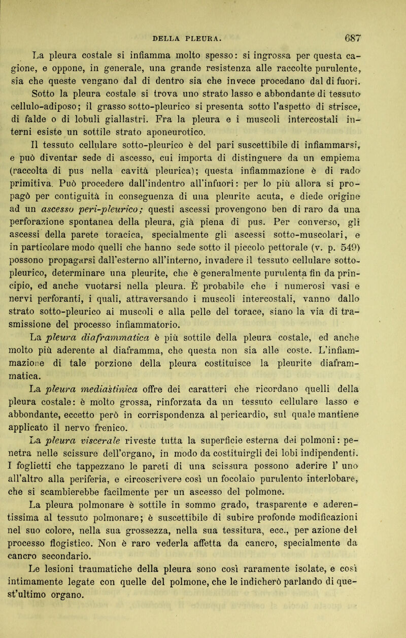 La pleura costale si infiamma molto spesso : si ingrossa per questa ca- gione, e oppone, in generale, una grande resistenza alle raccolte purulente, sia che queste vengano dal di dentro sia che invece procedano dal di fuori. Sotto la pleura costale si trova uno strato lasso e abbondante di tessuta cellule-adiposo; il grasso sotto-pleurico si presenta sotto l’aspetto di strisce, di falde o di lobuli giallastri. Fra la pleura e i muscoli intercostali in- terni esiste un sottile strato aponeurotico. Il tessuto cellulare sotto-pleurico è del pari suscettibile di infiammarsi, e può diventar sede di ascesso, cui importa di distinguere da un empiema (raccolta di pus nella cavità pleurica); questa infiammazione è di rada primitiva. Può procedere dall’indentro aU’infuori: per lo più allora si pro- pagò per contiguità in conseguenza di una pleurite acuta, e diede origine ad un ascesso peri-pleurico ; questi ascessi provengono ben di raro da una perforazione spontanea della pleura, già piena di pus. Per converso, gli ascessi della parete toracica, specialmente gli ascessi sotto-muscolari, e in particolare modo quelli che hanno sede sotto il piccolo pettorale (v. p. 549) possono propagarsi daU'esterno aU’interno, invadere il tessuto cellulare sotto- pleurico, determinare una pleurite, che è generalmente purulenta fin da prin- cipio, ed anche vuotarsi nella pleura. È probabile che i numerosi vasi e nervi perforanti, i quali, attraversando i muscoli intercostali, vanno dallo strato sotto-pleurico ai muscoli e alla pelle del torace, siano la via di tra- smissione del processo infiammatorio. La pleura diaframmatica è più sottile della pleura costale, ed anche molto più aderente al diaframma, che questa non sia alle coste. L’infiam- mazione di tale porzione della pleura costituisce la pleurite diafram- matica. La pleura mediastinica offre dei caratteri che ricordano quelli della pleura costale: è molto grossa, rinforzata da un tessuto cellulare lasso e abbondante, eccetto però in corrispondenza al pericardio, sul quale mantiene applicato il nervo frenico. La pleura viscerale riveste tutta la superficie esterna dei polmoni: pe- netra nelle scissure dell’organo, in modo da costituirgli dei lobi indipendenti. I foglietti che tappezzano le pareti di una scissura possono aderire 1’ una all’altro alla periferia, e circoscrivere così un focolaio purulento interlobare, che si scambierebbe facilmente per un ascesso del polmone. La pleura polmonare è sottile in sommo grado, trasparente e aderen- tissima al tessuto polmonare; è suscettibile di subire profonde modificazioni nel suo colore, nella sua grossezza, nella sua tessitura, ecc., per azione del processo flogistico. Non è raro vederla affetta da cancro, specialmente da cancro secondario. Le lesioni traumatiche della pleura sono così raramente isolate, e così intimamente legate con quelle del polmone, che le indicherò parlando di que- st’ultimo organo.