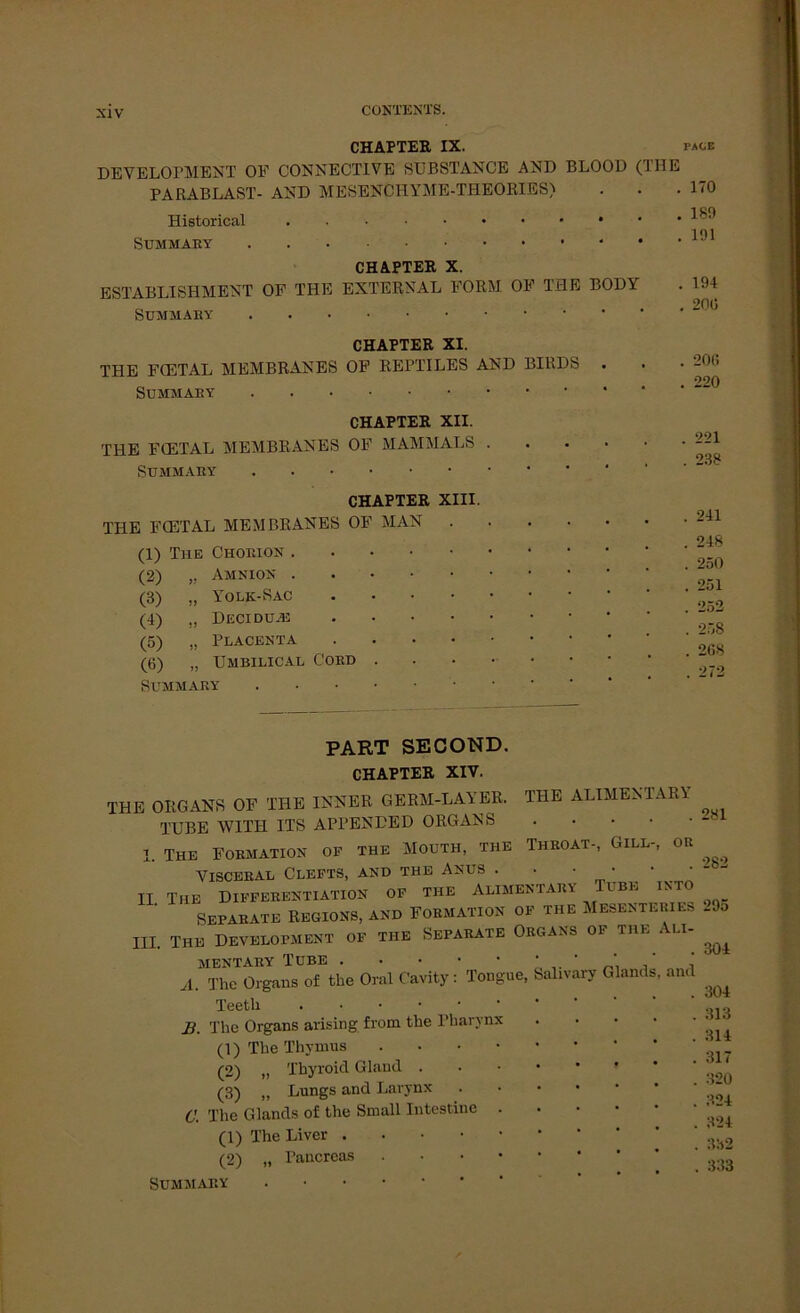 CHAPTER IX. PAGE DEVELOPMENT OF CONNECTIVE SUBSTANCE AND BLOOD (THE PARABLAST- AND MESENCHYME-THEORIES) . . .170 Historical 101 SüMMARY CHAPTER X. ESTABLISHMENT OF THE EXTERNAL FORM OF THE BODY SUMMABY . 194 . 206 CHAPTER XI. THE FCETAL MEMBRANES OF REPTILES AND BIRDS Summary 206 220 CHAPTER XII. THE FCETAL MEMBRANES OF MAMMALS . Summary CHAPTER XIII. THE FCETAL MEMBRANES OF MAN . (1) The Choeion (2) „ Amnion (3) „ \olk-Sac .... (4) „ DECIDUA2 . . . • (5) „ Placenta .... (6) „ Umbilical Coed . SUMMARY 221 238 . 241 . 248 . 250 . 251 . 252 . 258 . 2C.8 . 272 PART SECOND. CHAPTER XIV. THE ORGANS OF THE INNER GERM-LAY ER. TUBE WITH ITS APPENDED ORGANS 1. The Formation of the Mouth, the Visceral Clefts, and the Anus . . • • H The Differentiation of the Alimentary Tube ixto ' Separate Regions, and Formation of the Mesenteries III. The Development of tue Separate Organs of the Ali- mentary Tube THE ALIMENTARY Throat-, Gill-, or A. The Organs of the Oral C'avity: Tongue, Teetli B. The Organs arising from the Pharynx (1) The Thymus (2) „ Thyroid Gland . (3) „ Lungs and Larynx C. The Glands of the Small Intestine (1) The Liver . (2) „ Pancreas Summary • Salivary Glands. and 281 282 295 304 304 313 314 317 320 324 324 332 333