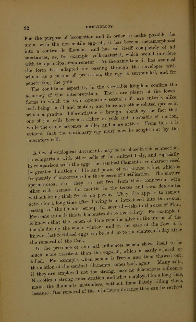 For the purpose of locomotion and in Order to make possible the „nion with the non-motile egg-eell, it has become metamorphosed into a contractile filament, and hat rid itself completely of all substances, as, for example, yolk-material, which woold m.erfere with this prineipal rcquirement. At the same time it hat axsumed the form best adapted for passing through the envelopes with which, as a means of protection, the egg is sorrounded, and for 'Thrrndiüons^especially in the vegetable kingdom accuraey of this Interpretation. There are plants of the lowest forms in which the two copulating sexual oells are entuely al , both being small and motile; and there are other related spec.es> which a aradual differentiation is brought about by the fact th of the cells becomes richer in yolk and incapabW motmn, while the other becomes smaller and moie active. ^ evident that the stationary egg must now be soug y migratory cell. A few physiological statements may he in place in this connection In comparrion wfth other cells of the animal body, and especial, in comparison with the eggs, the seminal filaments are °h»actem n 1 nf lifp und nower of resistance, a lact wmcü is Ä «-nee for the success ^“«mltTmttirin the testes and vasa deferentia without losing ^sexual is known that the semen of tlie jowl it is Lt: 2X-«p *»«- ^atter TtS ““S-Ätj: - Mied For example, when semen is frozen and then thi motion of the seininal filaments com^» if they are employed not too streng, j for a long time, Narcotics in strong concentration, an P Mliug them, make the filaments motionless, without “ J^ived. because after removal of the mjunous substance y