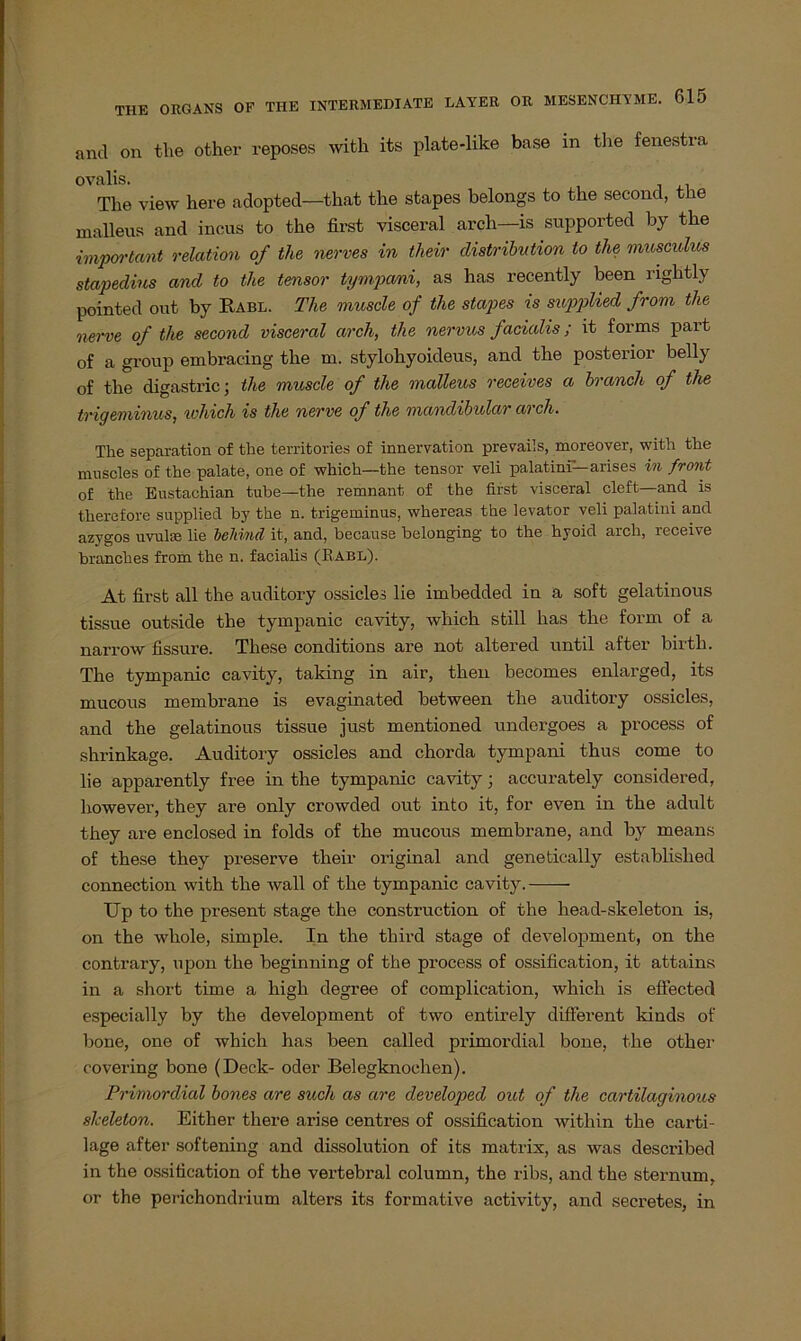 and on tlie other reposes with. its plate-like base in the fenestra ovalis. The view here adopted—that the stapes belongs to the second, the malleus and incus to the first visceral arch—is supported by the important relation of the nerves in their distribution io the musculus stapedius and to the tensor tympcmi, as has recently been rightly pointed out by Rabl. The muscle of the stapes is supplied from the nerve of the second visceral arch, the nervus facialis; it forms part of a group embracing the m. stylohyoideus, and the posterior belly of the digastric; the muscle of the 'malleus receives a brauch of the trigeminus, ivhich is the nerve of the mandibular arch. The Separation of the territories of innervation prevails, moreover, with the mnscles of the palate, one of which—the tensor veli palatini—arises in front of the Eustaohian tube—the remnant, of the first visceral cleft—and is therefore supplied by the n. trigeminus, whereas the levator veli palatini and azygos uvuhe lie lehinä it, and, because belonging to the hyoid arch, receive branches from the n. facialis (Rabl). At first all the auditory ossicles lie imbedded in a soft gelatinous tissue outside the tympanic cavity, which still has the form of a narrow fissure. These conditions are not altered until after birtli. The tympanic cavity, taking in air, then becomes enlarged, its mucous membrane is evaginated between the auditory ossicles, and the gelatinous tissue just mentioned undergoes a process of shrinkage. Auditory ossicles and chorda tympani thus come to lie apparently free in the tympanic cavity; accurately considered, however, they are only crowded out into it, for even in the adult they are enclosed in folds of the mucous membrane, and by means of these they preserve their original and genetically establislied connection with the wall of the tympanic cavity. Up to the present stage the construction of the head-skeleton is, on the whole, simple. In the third stage of development, on the contrary, upon the beginning of the process of ossification, it attains in a short time a high degree of complication, which is effected especially by the development of two entirely different kinds of hone, one of which has been called primordial bone, the other covering bone (Deck- oder Belegknochen). Primordial bones are such as are developed out of the cartilaginous skeleton. Either tliere arise centres of ossification witliin the carti- lage after softening and dissolution of its matrix, as was described in the ossification of the vertebral column, the ribs, and the sternum, or the perichondrium alters its formative activity, and secretes, in