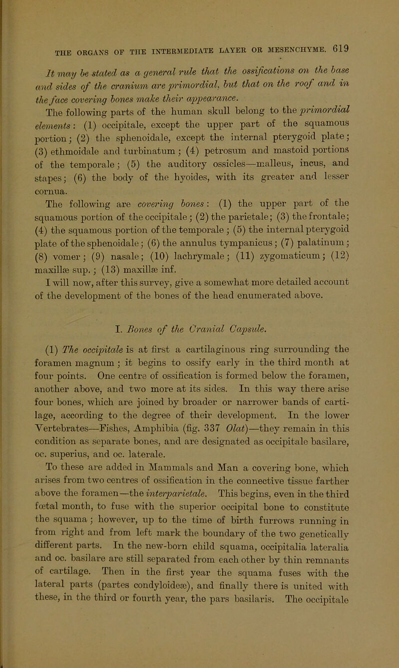 1t may be stated as a general rule that the ossifications on the base and sides of the cranium are primordial, but that on the roof and in the face covering bones inake their appearance. The following parts of the human skull belong to the primordial elements: (1) occipitale, except the upper part of the squamous portion; (2) the sphenoidale, except the internal pterygoid plate; (3) etlimoidale and turbinatum; (4) petrosum and mastoid portions of the temporale; (5) the auditory ossicles—malleus, incus, and stapes; (6) the body of the hyoides, with its greater and lesser cornua. The following are covering bones: (1) the upper part of the squamous portion of the occipitale; (2) the parietale; (3) the frontale; (4) the squamous portion of the temporale ; (5) the internal pterygoid plate of the sphenoidale; (6) the annulus tympanicus; (7) palatinum ; (8) vomer; (9) nasale; (10) lachrymale; (11) zygomaticum; (12) maxilke sup.; (13) maxillse inf. I will now, after this survey, give a somewhat more detailed account of the development of the bones of the head enumerated above. I. Bones of the Cranial Capsule. (1) The occipitale is at first a cartilaginous ring surrounding the foramen magnum ; it begins to ossify early in the thircl month at four points. One centre of ossification is formed below the foramen, another above, and two more at its sides. In this way there arise four bones, which are joined by broader or narrower bands of carti- lage, according to the degree of their development. In the lower Vertebrates—Fishes, Amphibia (fig. 337 Olat)—they remain in this condition as separate bones. and are designated as occipitale basilare, oc. superius, and oc. laterale. To these are added in Mammals and Man a covering bone, which arises from two centres of ossification in the connective tissue farther above the foramen—the interparietale. This begins, even in the third fcetal month, to fuse with the superior occipital bone to constitute the squama ; however, up to the time of birth furrows running in from right and from left mark the boundary of the two genetically different parts. In the new-born child squama, occipitalia lateralia and oc. basilare are still separated from each other by thin remnants of cartilage. Then in the first year the squama fuses -with the lateral parts (partes condyloidete), and finally there is United with these, in the third or fourth year, the pars basilaris. The occipitale