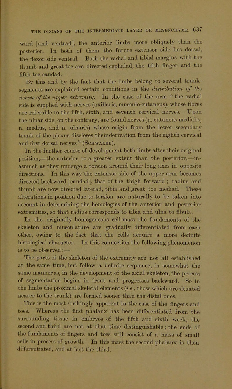 ward [and ventrad], the anterior limbs more oblic[nely tlian tlie posterior. In both of them the future extensor side lies dorsal, the flexor side ventral. Both the radial and tibial margins witli the thumb and great toe are directed cephalad, the fifth finger and the fifth toe caudad. By this and by the fact that the limbs belong to several trunk- segments are explained certain conditions in the distribution of the nerves of the upper extremity. In the case of the arm “the radial side is supplied with nerves (axillaris, musculo-cutaneus), whose fibres are referable to the fifth, sixth, and seventh cervical nerves. Upon the ulnar side, on the contrary, are found nerves (n. cutaneus medialis, n. medius, and n. ulnaris) whose origin from the lower secondary trunk of the plexus discloses their derivation from the eighth cervical and first dorsal nerves ” (Schwalbe). In the further course of development both limbs alter their original position,—the anterior to a greater extent than the posterior,—in- asmuch as they undergo a torsion around their long axes in opposite directions. In this way the extensor side of the upper arm becomes directed backward [caudad], that of the thigh forward ; radius and thumb are now directed laterad, tibia and great toe mediad. These alterations in position due to torsion are naturally to be taken into account in determining the homologies of the anterior and posterior extremities, so that radius corresponds to tibia and ulna to fibula. In the originally homogeneous cell-mass the fundaments of the skeleton and musculature are gradually differentiated from each other, owing to the fact that the cells acquire a more definite histological character. In this connection the following phenomenon is to be observed :— The parts of the skeleton of the extremity are not all established at the same time, but follow a definite sequence, in somewhat the same manneras, in the development of the axial skeleton, the process of Segmentation begins in front and progresses backward. So in the limbs the proximal skeletal elements (i.e., those which are situated nearer to the trunk) are formed sooner than the distal ones. This is the most strikingly apparent in the case of the fingers and toes. Whereas the first plialanx has been differentiated from the surrounding tissue in embryos of the fifth and sixth week, the second and third are not at that time distinguishable; the ends of the fundaments of fingers and toes still consist of a mass of small cells in process of growth. In this mass the second phalanx is tlien differentiated, and at last the third.