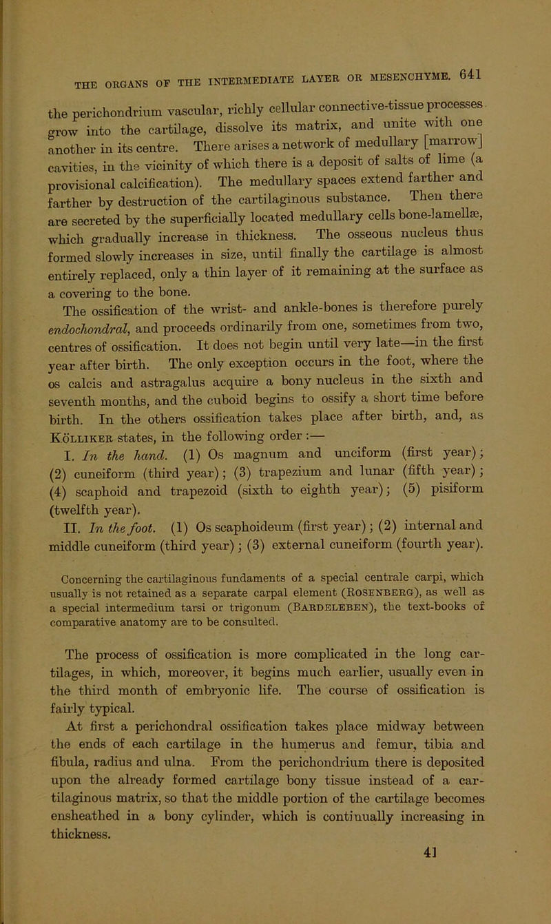 the perichondrium vascular, ricbly cellular connective-tissue processes erow into the cartilage, dissolve its matrix, and mute with one another in its centre. There arises a network of medullary [marrowj cavities, in the vicinity of which there is a deposit of salts of lime (a provisional calcification). The medullary spaces extend farther and farther by destruction of the cartilaginous substance. Then there are secreted by the superficially located medullary cells bone-lamellse, which gradually increase in thickness. The osseous nucleus thus formed slowly increases in size, until finally the cartilage is almost entirely replaced, only a thin layer of it remaining at the surface as a covering to the hone. The ossification of the wrist- and ankle-bones is therefore purely endochondral, and proceeds ordinarily from one, sometimes from two, centres of ossification. It does not begin until very late in the fii st year after birth. The only exception occurs in the foot, where the os calcis and astragalus acquire a bony nucleus in the sixth and seventh months, and the cuboid begins to ossify a short time before birth. In the others ossification takes place after birth, and, as Kölliker States, in the following order :— I. In the hand. (1) Os magnum and unciform (first year); (2) cuneiform (third year) ; (3) trapezium and lunar (fifth year); (4) scaphoid and trapezoid (sixth to eighth year); (5) pisiform (twelfth year). II. In the foot. (1) Os scaphoideum (first year); (2) internal and middle cuneiform (third year); (3) external cuneiform (fourth year). Concerning the cartilaginous fundaments of a special centrale carpi, which usually is not retained as a separate carpal element (Rosenberg), as well as a special intermedium tarsi or trigonum (Bardeleben), the text-books of comparative anatomy are to be consulted. The process of ossification is more complicated in the long car- tilages, in which, moreover, it begins much earlier, usually even in the third month of embryonic life. The course of ossification is fairly typical. At first a perichondral ossification takes place midway between the ends of each cartilage in the humerus and femur, tibia and fibula, radius and ulna. From the perichondrium there is deposited upon the already formed cartilage bony tissue instead of a car- tilaginous matrix, so that the middle portion of the cartilage becomes ensheathed in a bony cylinder, which is continually increasing in thickness. 41